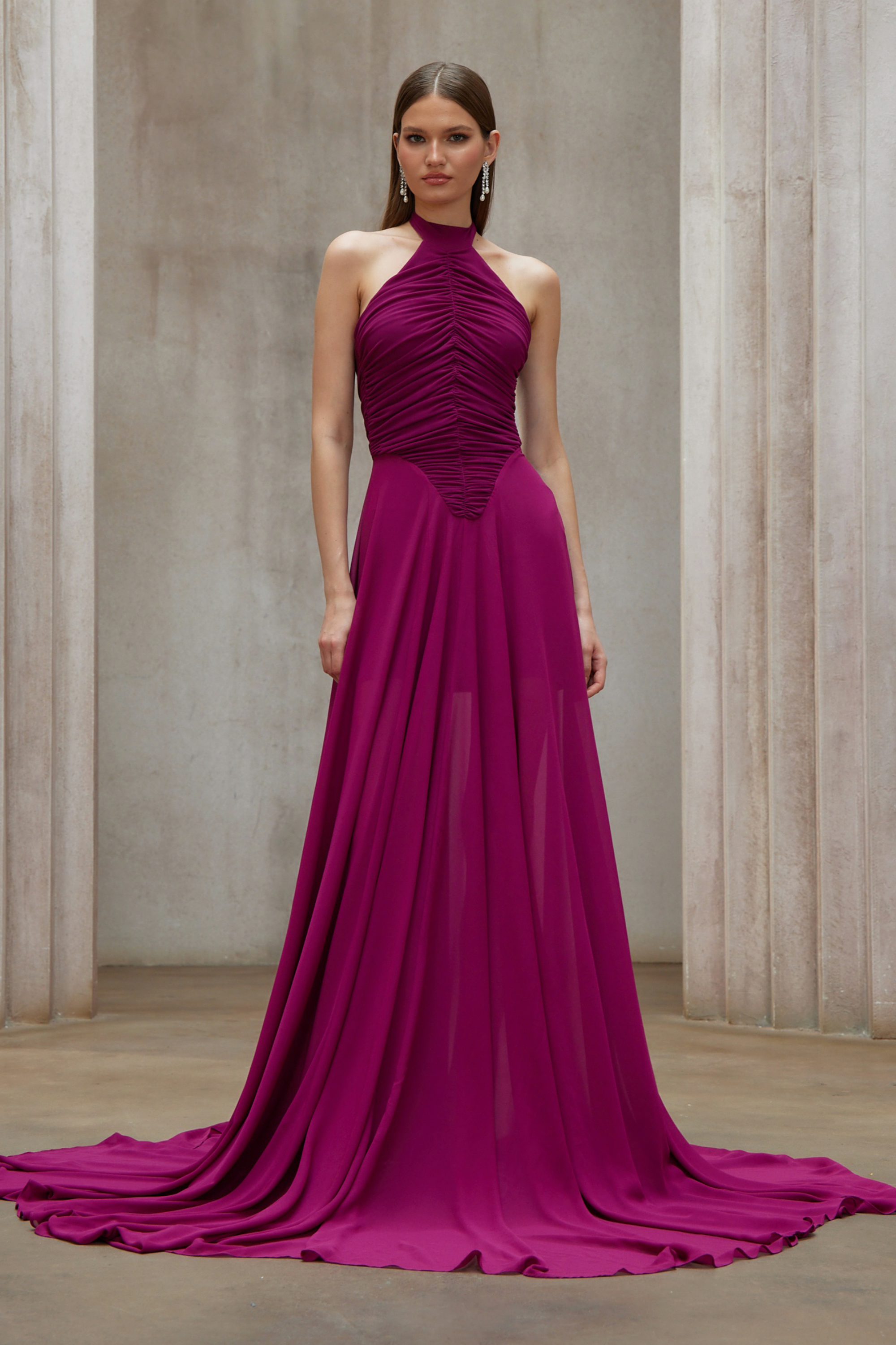 Kerstin Purple Train Design Ruched Maxi Dress