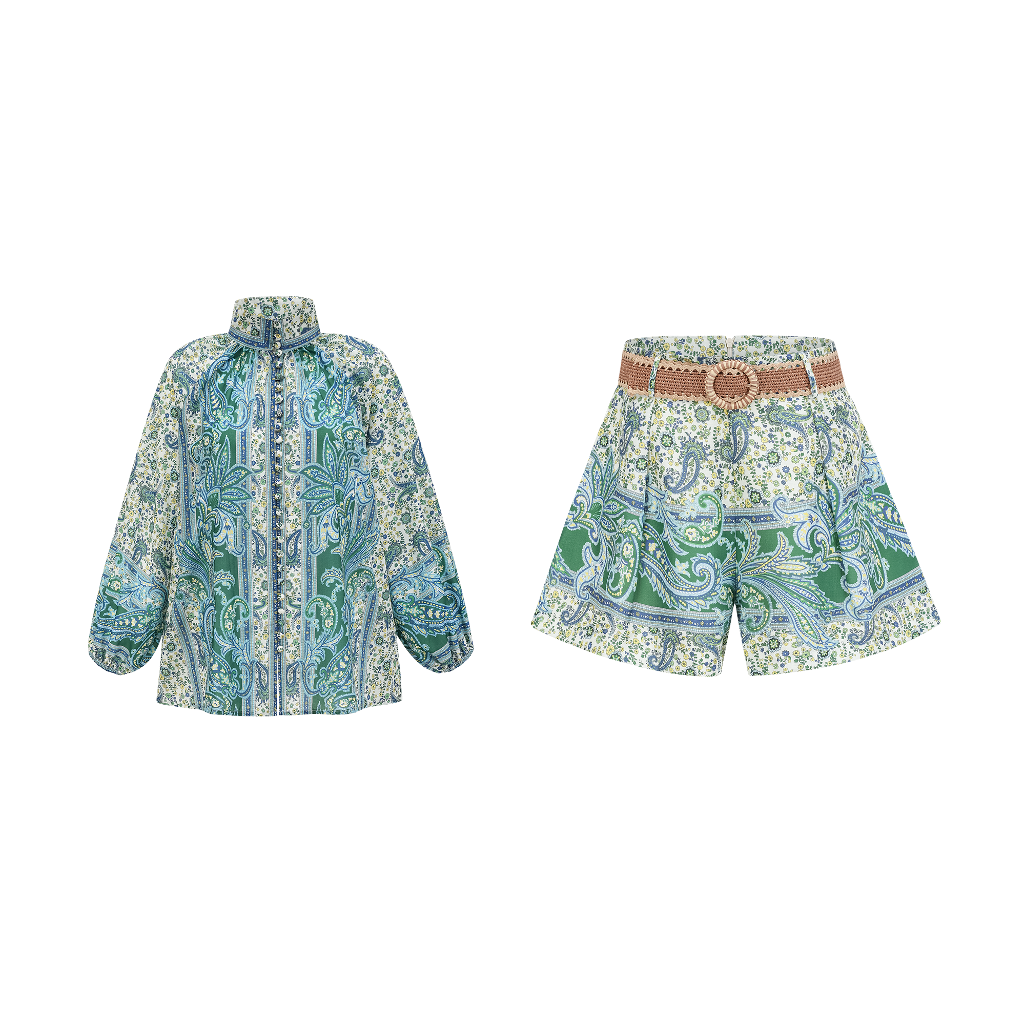 Louise green paisley shirt & shorts matching set