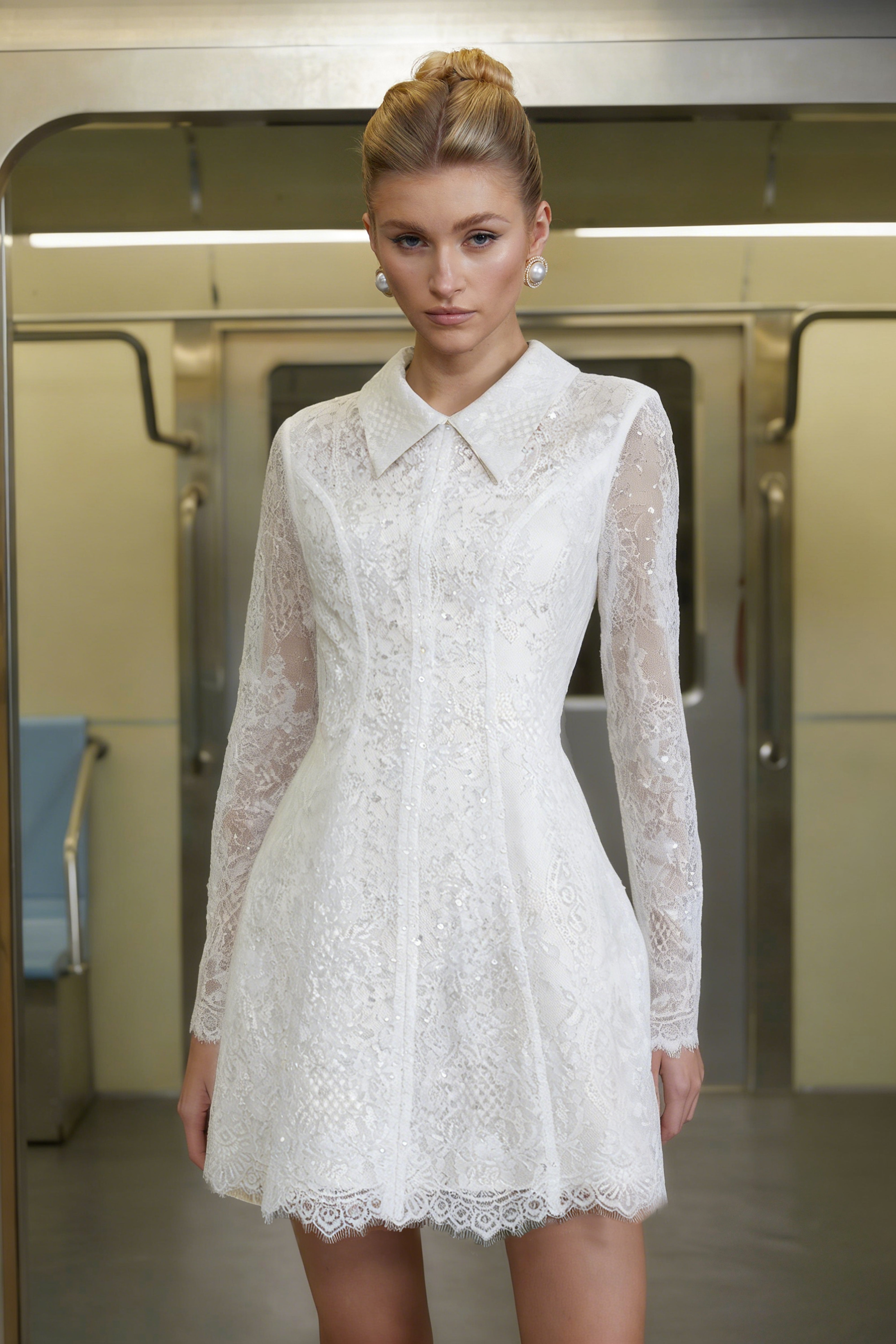 Aleksandra White Sequin Floral Lace Mini Dress