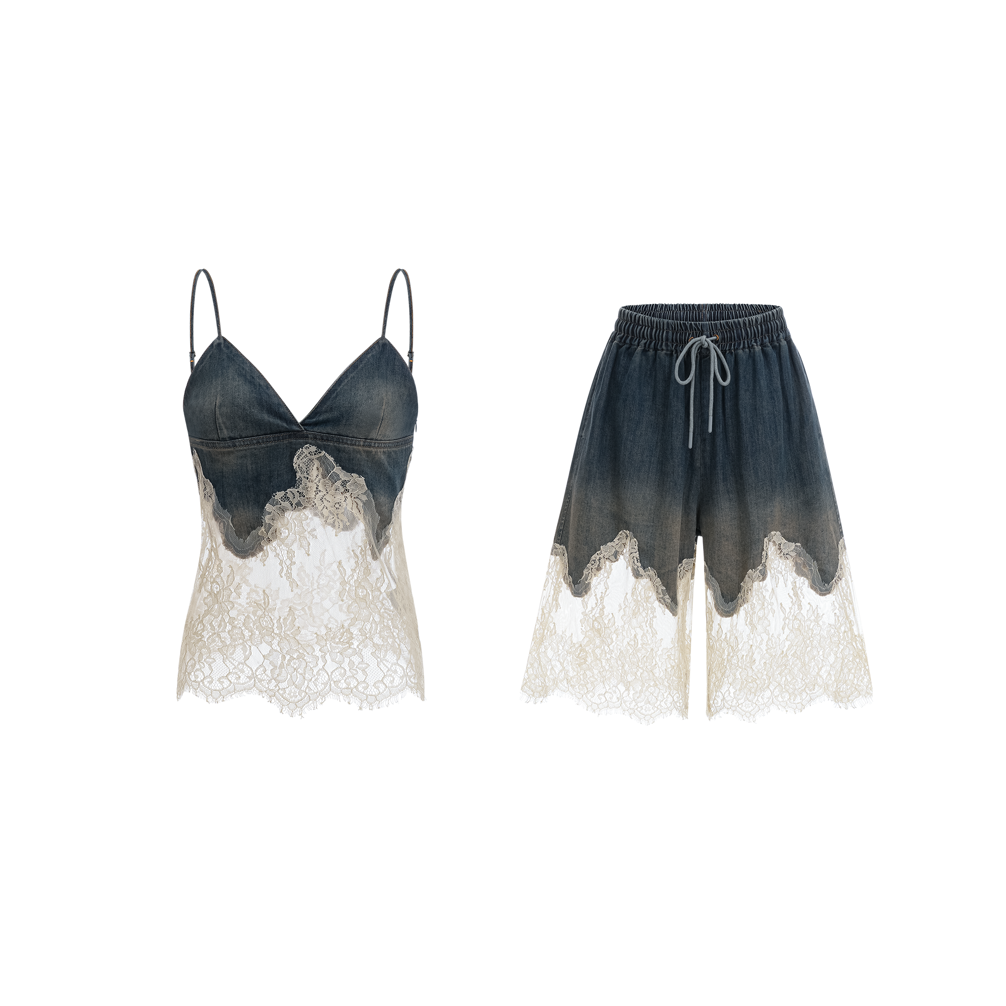 Sylvie lace-detail denim top & shorts matching set