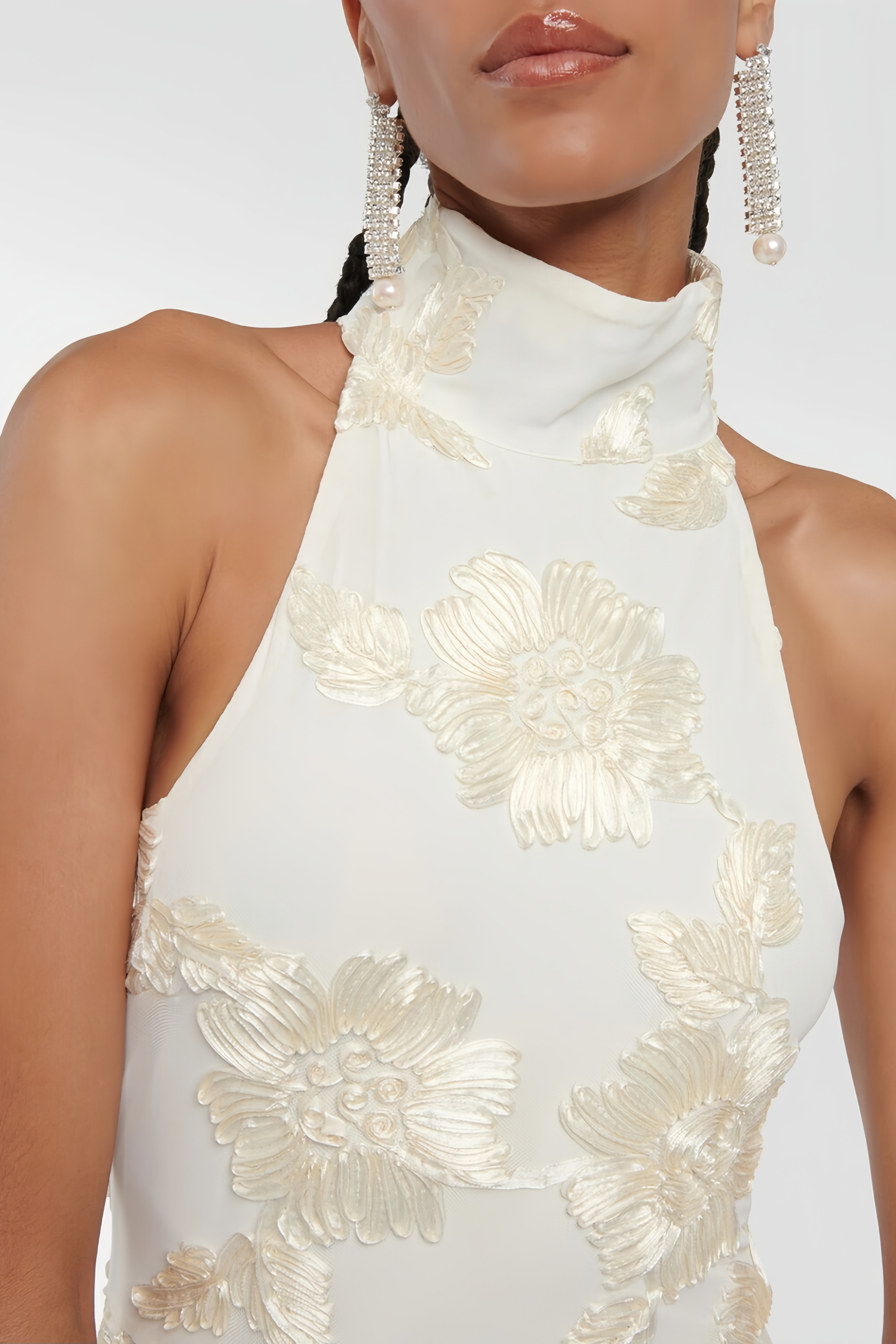 Théoline Neutral Asymmetrical Ruffled Floral Midi Dress