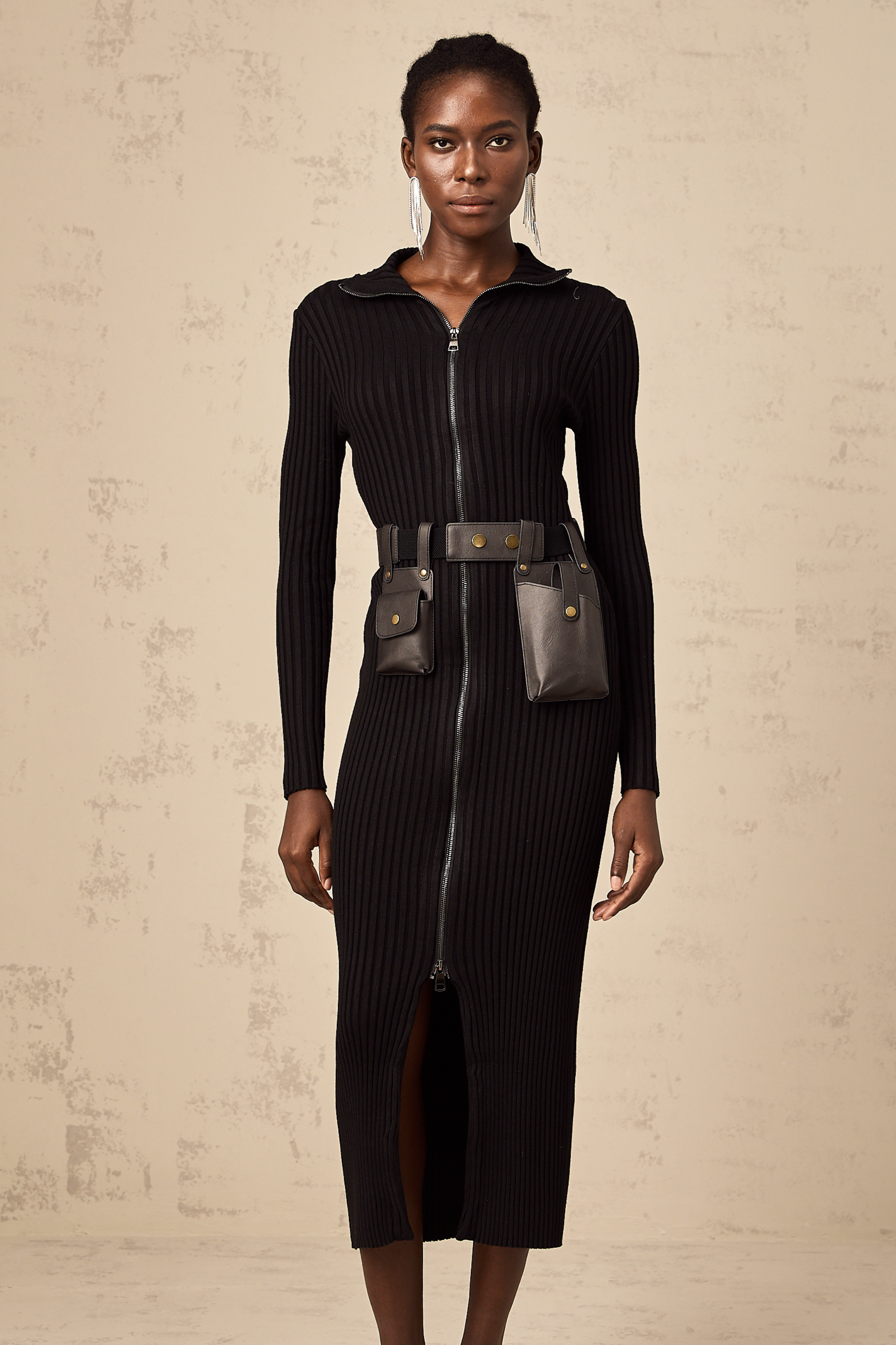 Nicoletta black front-zip belted knit midi dress