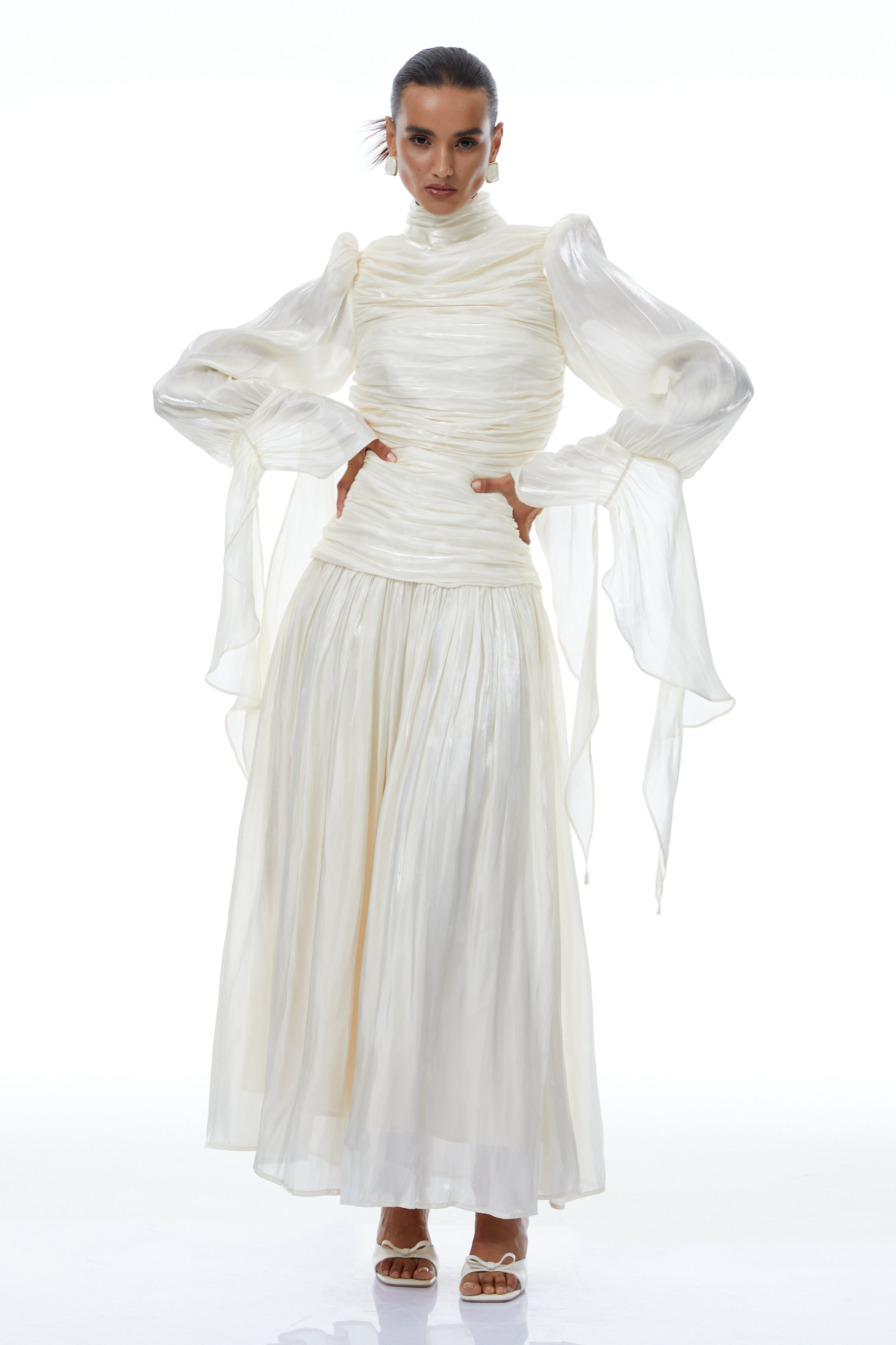 Sarolta Neutral Glossy Ruched Maxi Dress