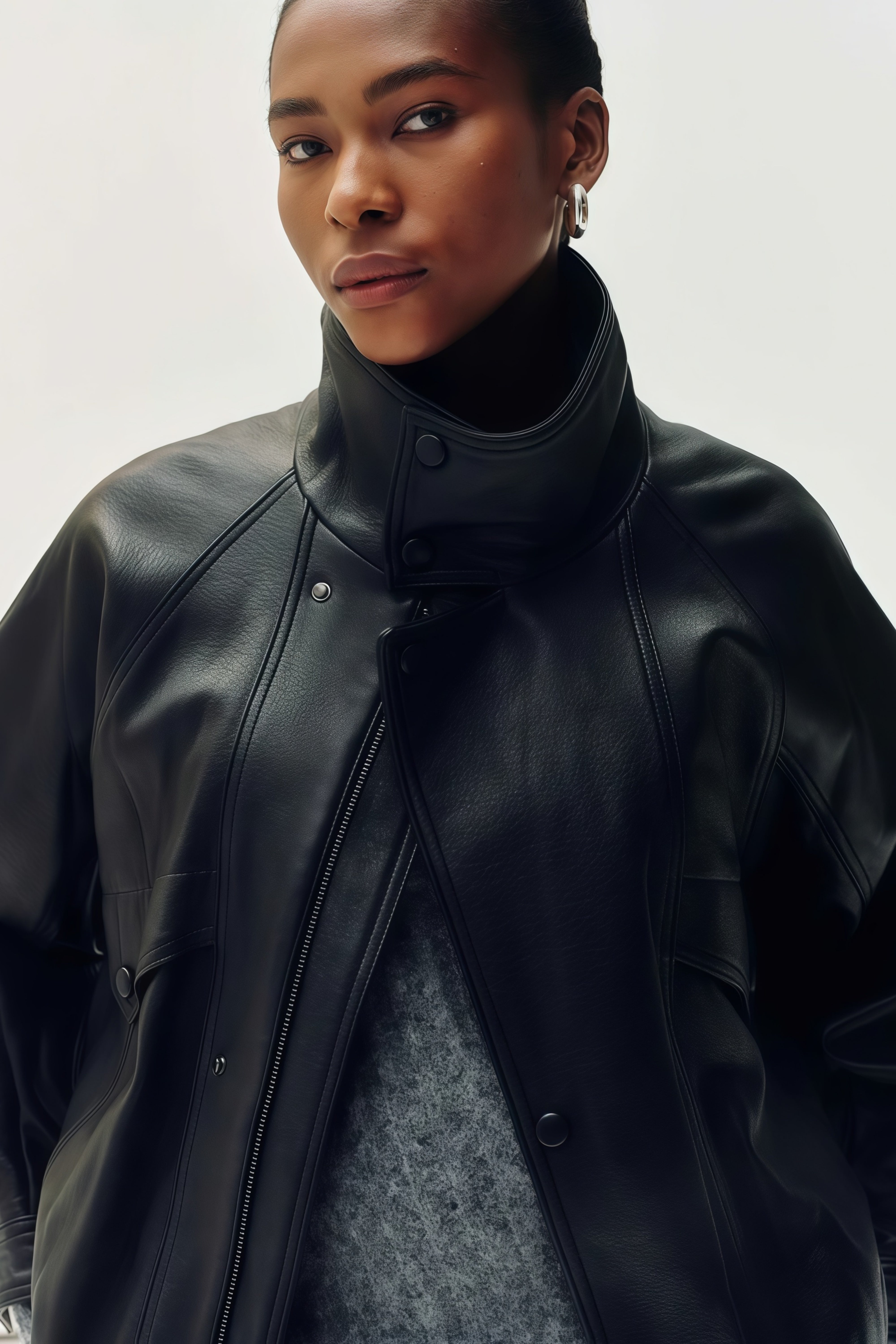 سترة جلدية ذات ياقة قائمة باللون الأسود الفاتح
