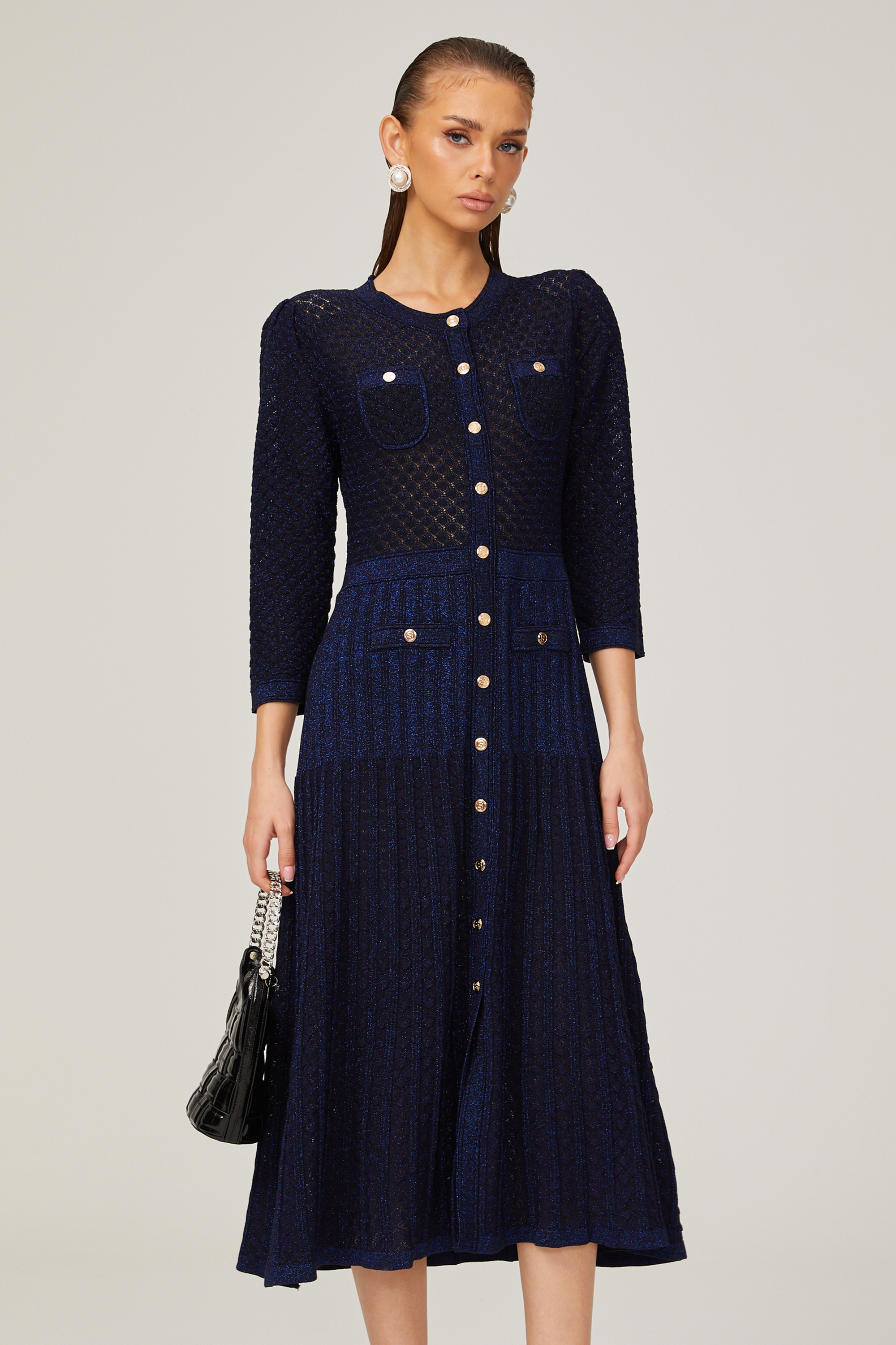 Élodie knitted long-sleeve midi dress in Blue