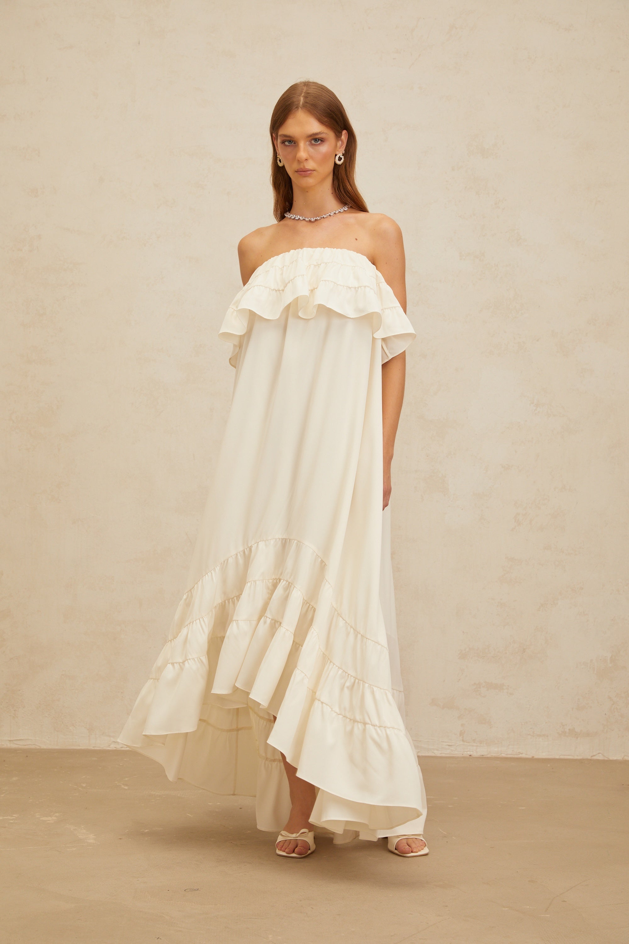 Bénédicte White Vibrant Off Shoulder Shirred Maxi Dress (Final Sale)