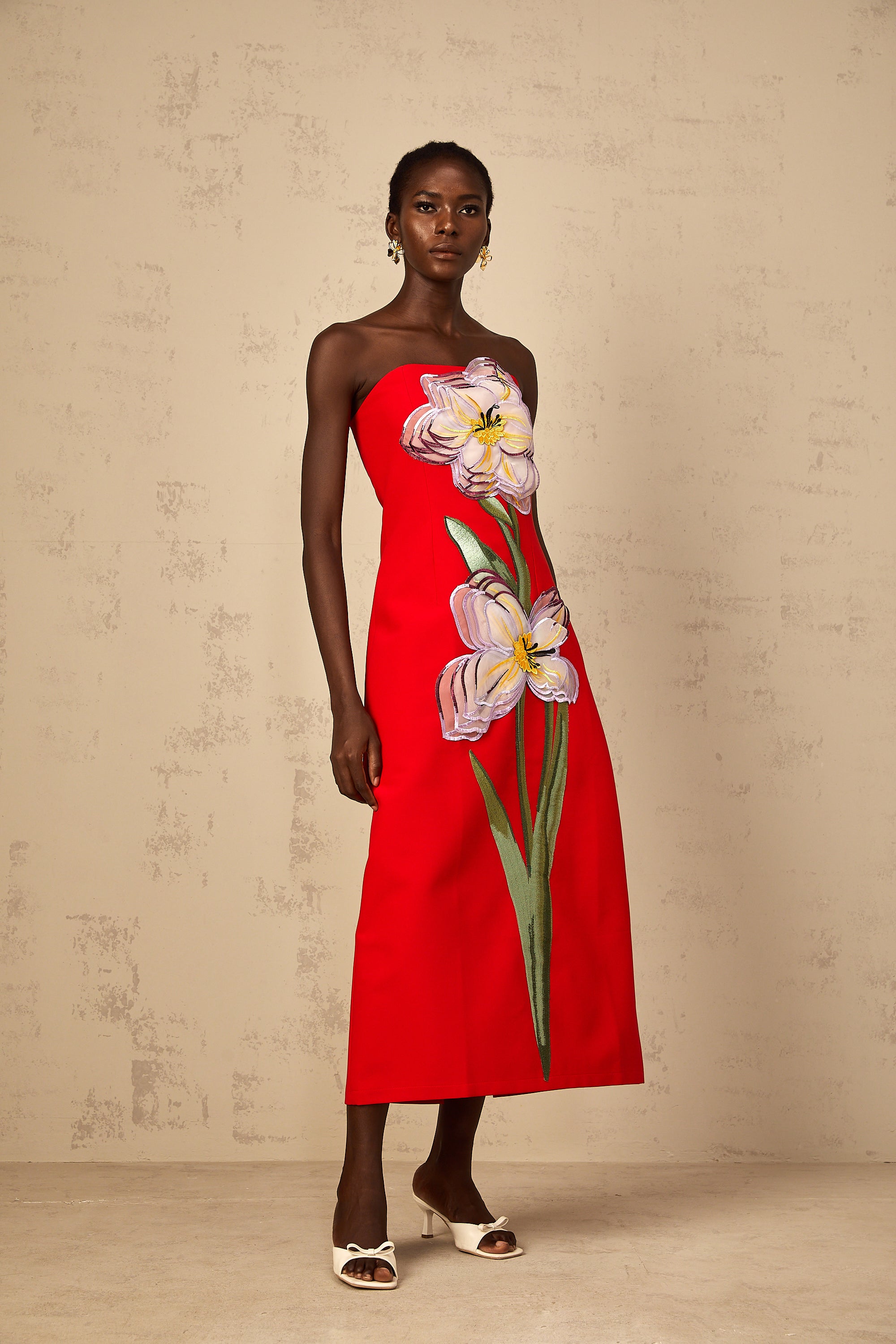 Irène Sequin Embroidered Off-Shoulder Midi Dress in Red