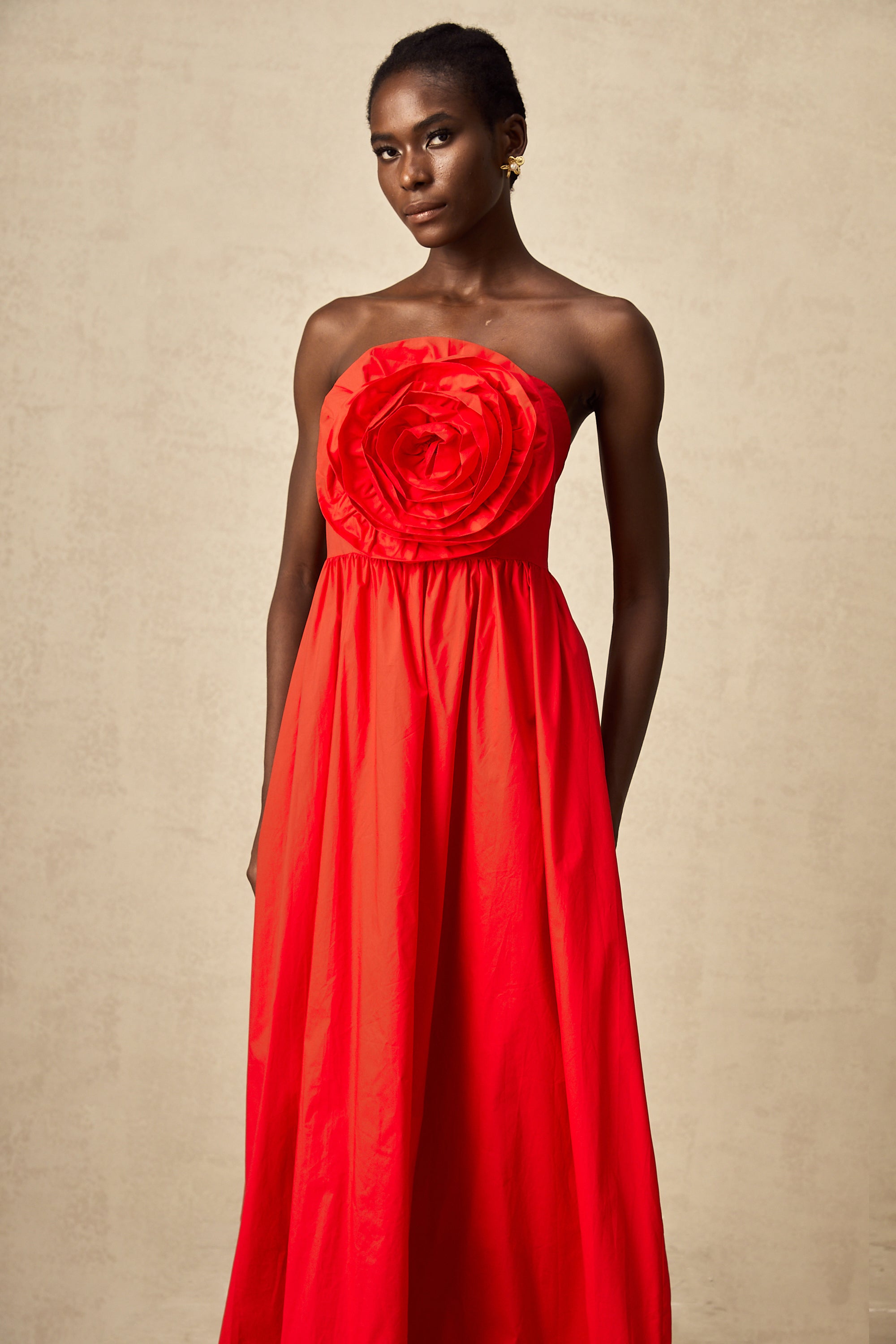 Assia red 3d-petal ruffled maxi dress