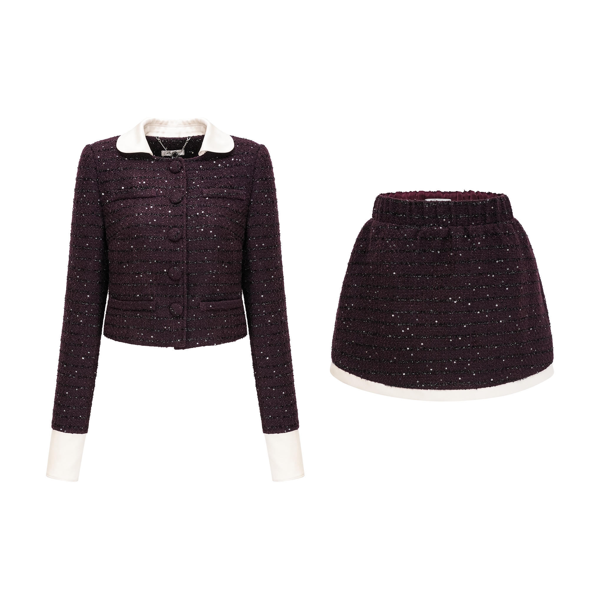 Brigitte purple sequined tweed jacket & skirt matching set