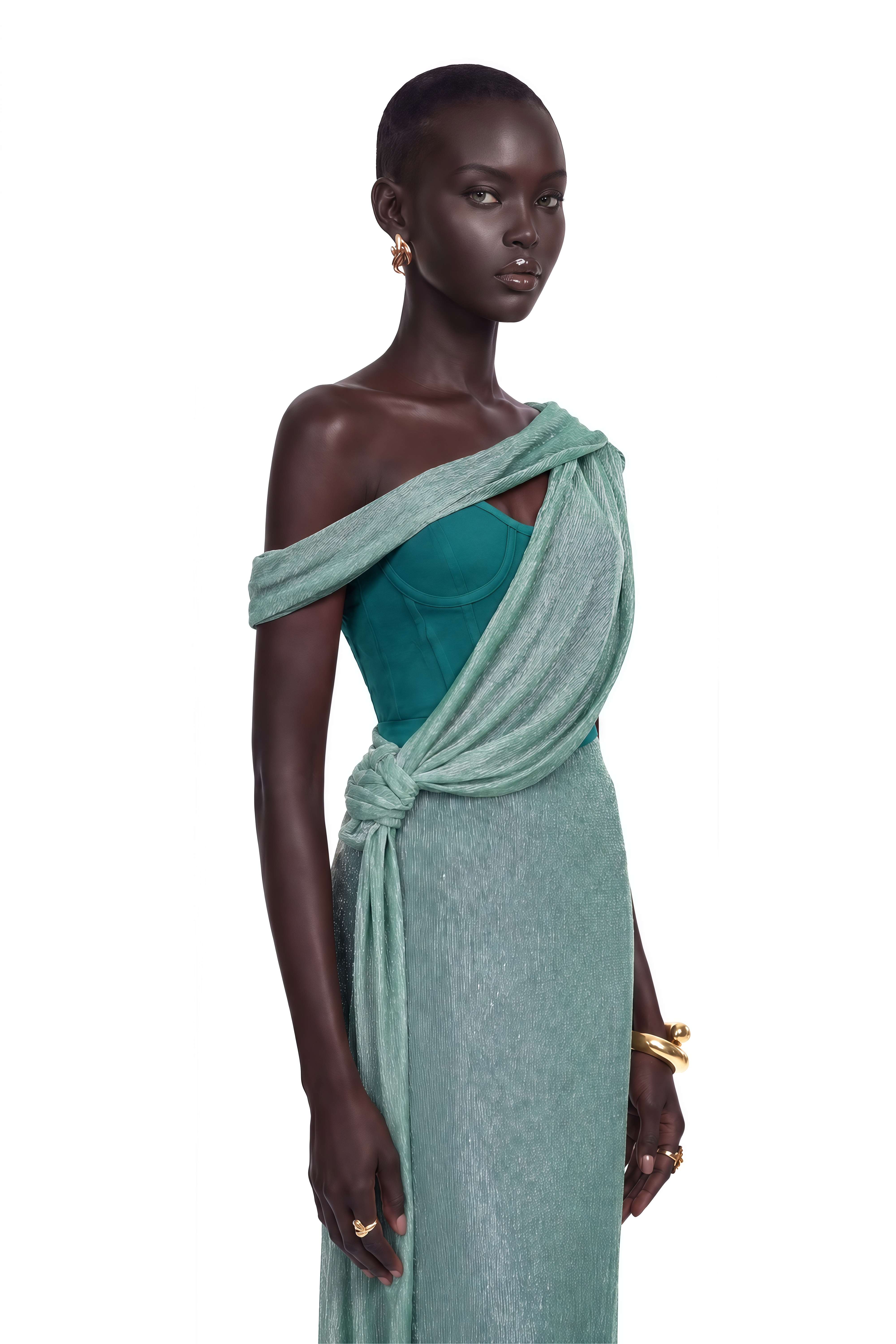 Mint green metallic draped maxi gown with a teal corset bodice