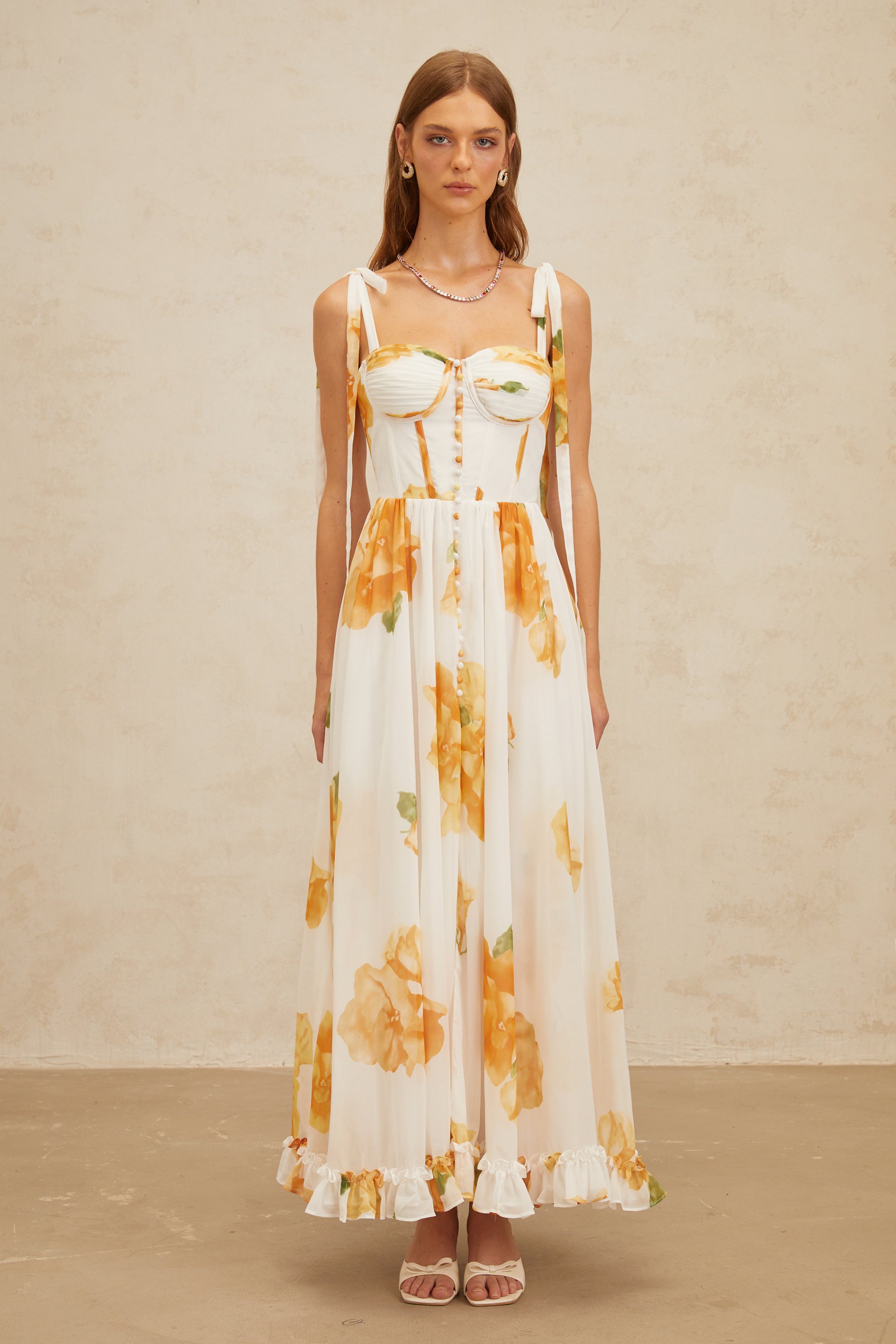 Bérénice White Floral Print Shirred Maxi Dress (Final Sale-US Only)