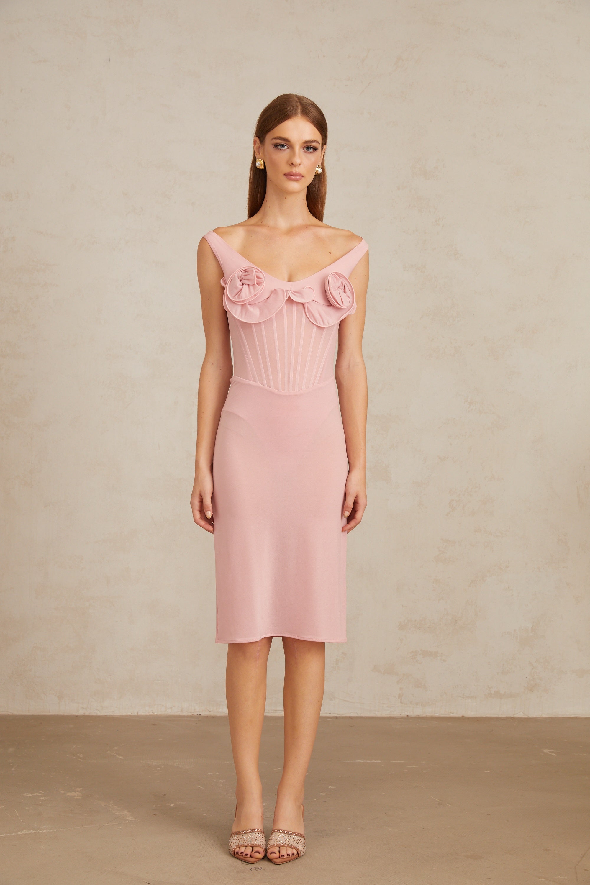 Aada Pink Fitted 3D Petal Midi Dress