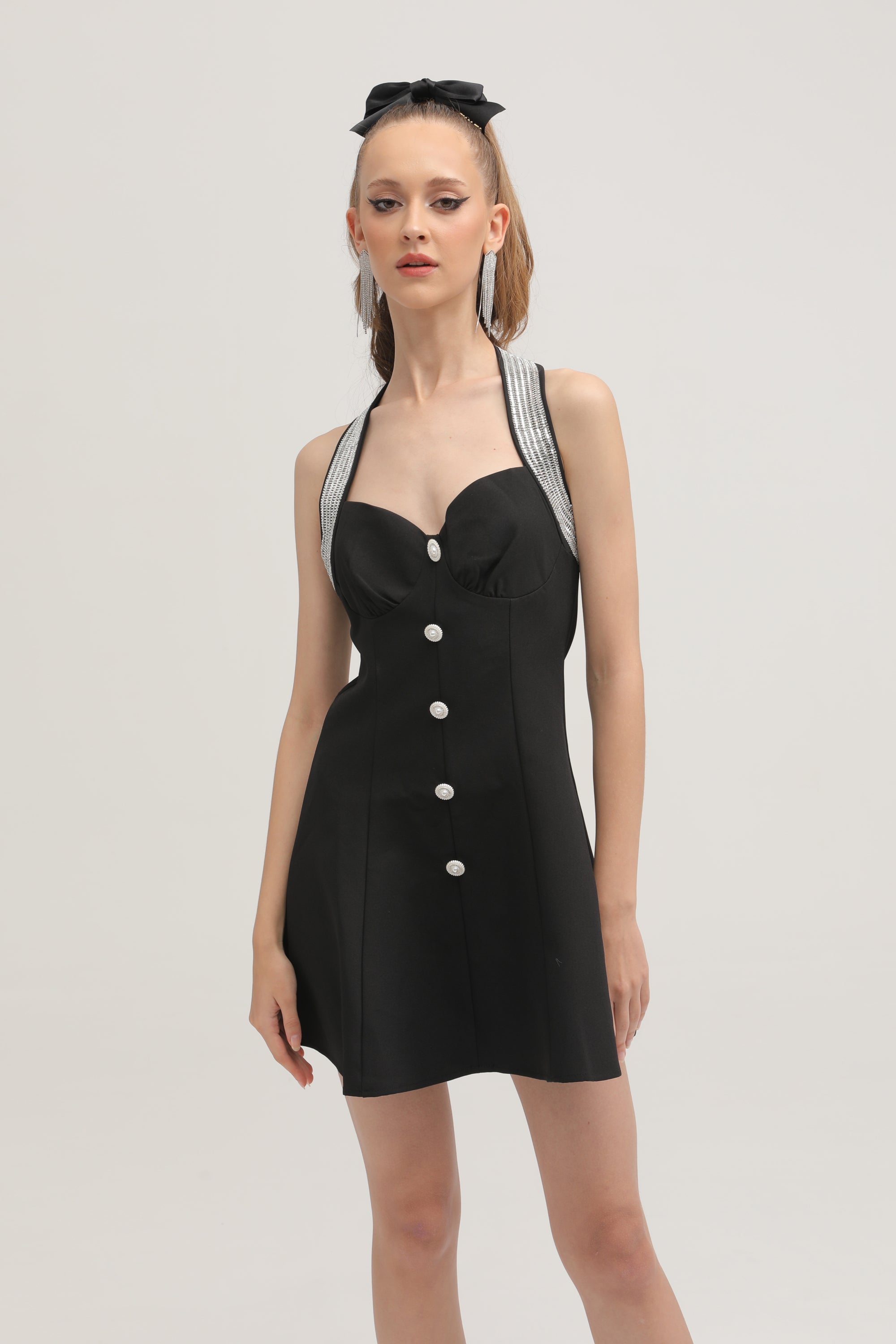 Enya black embellished halterneck mini dress