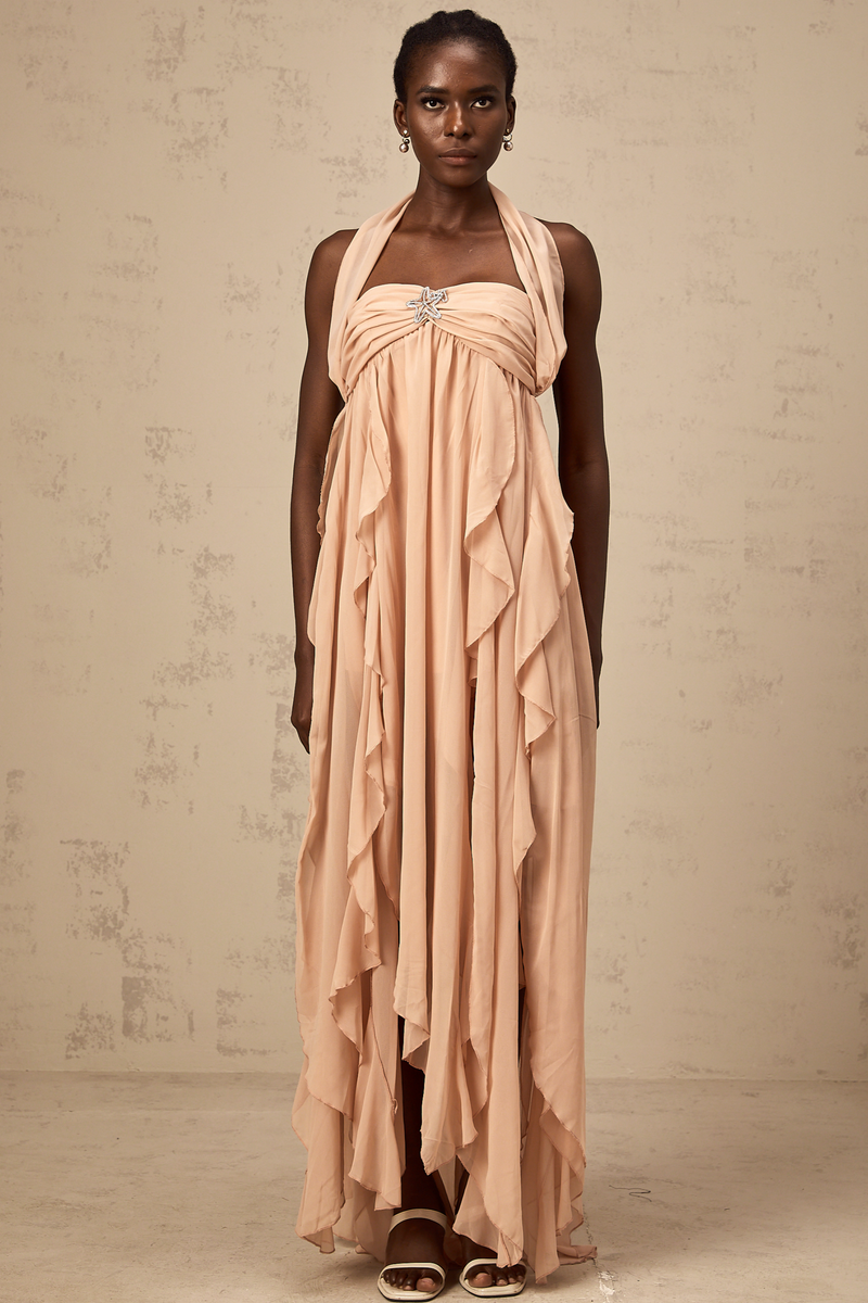 Mariah Pink Chiffon Ruffle Halterneck Maxi Dress main image 1