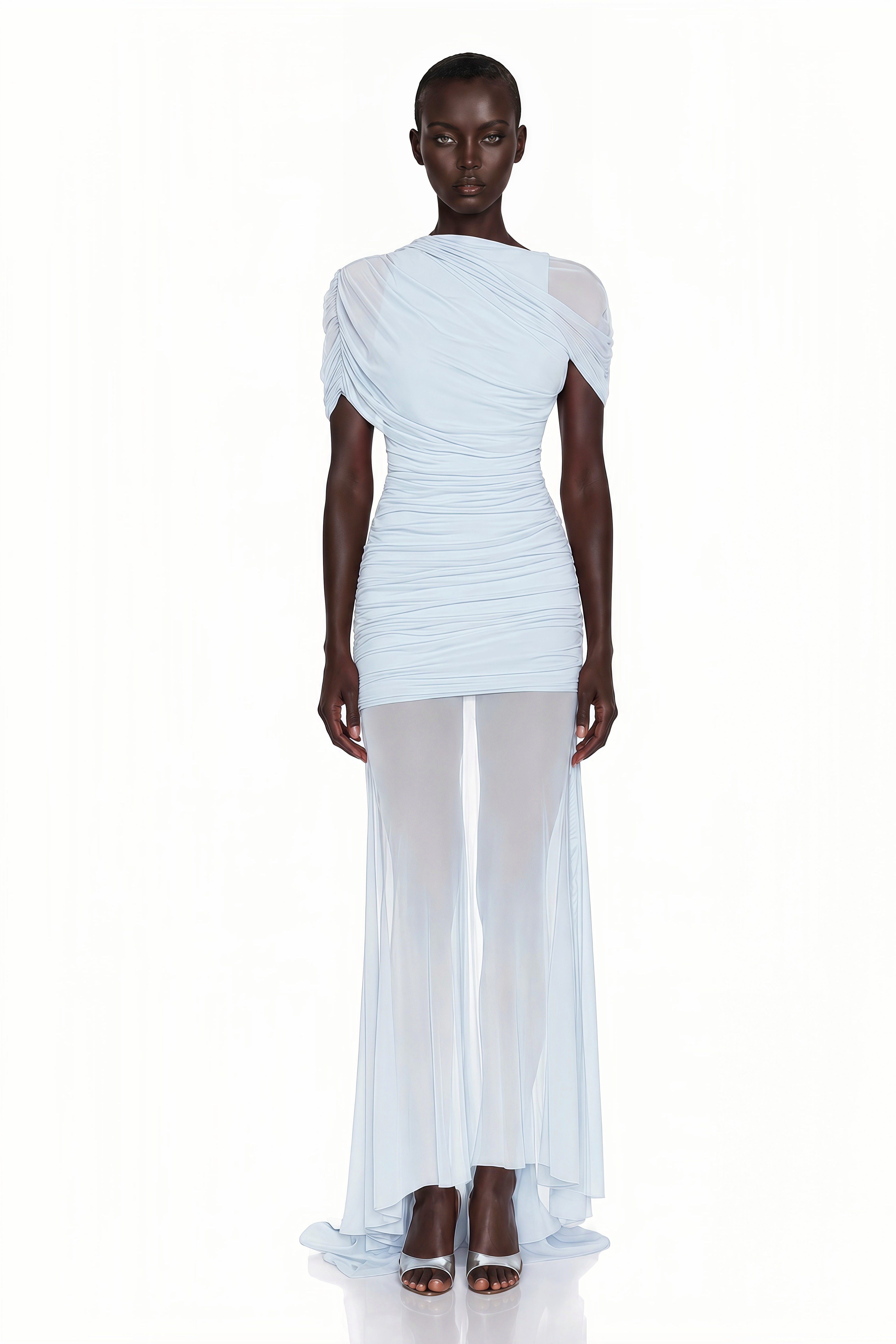 Sylphe Blue Asymmetrical Ruched Mesh Maxi Dress