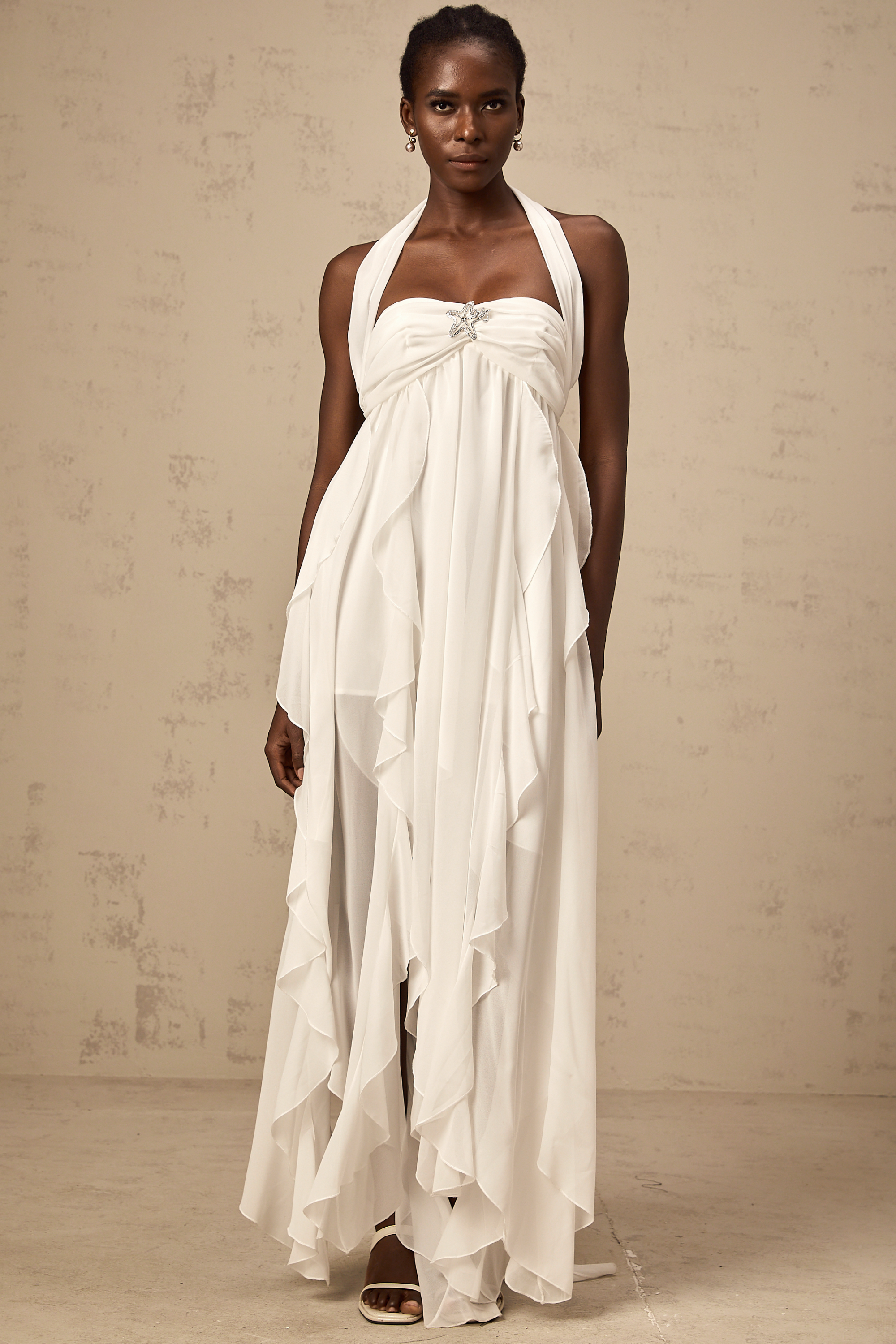 Mariah white chiffon ruffle halter neck maxi dress