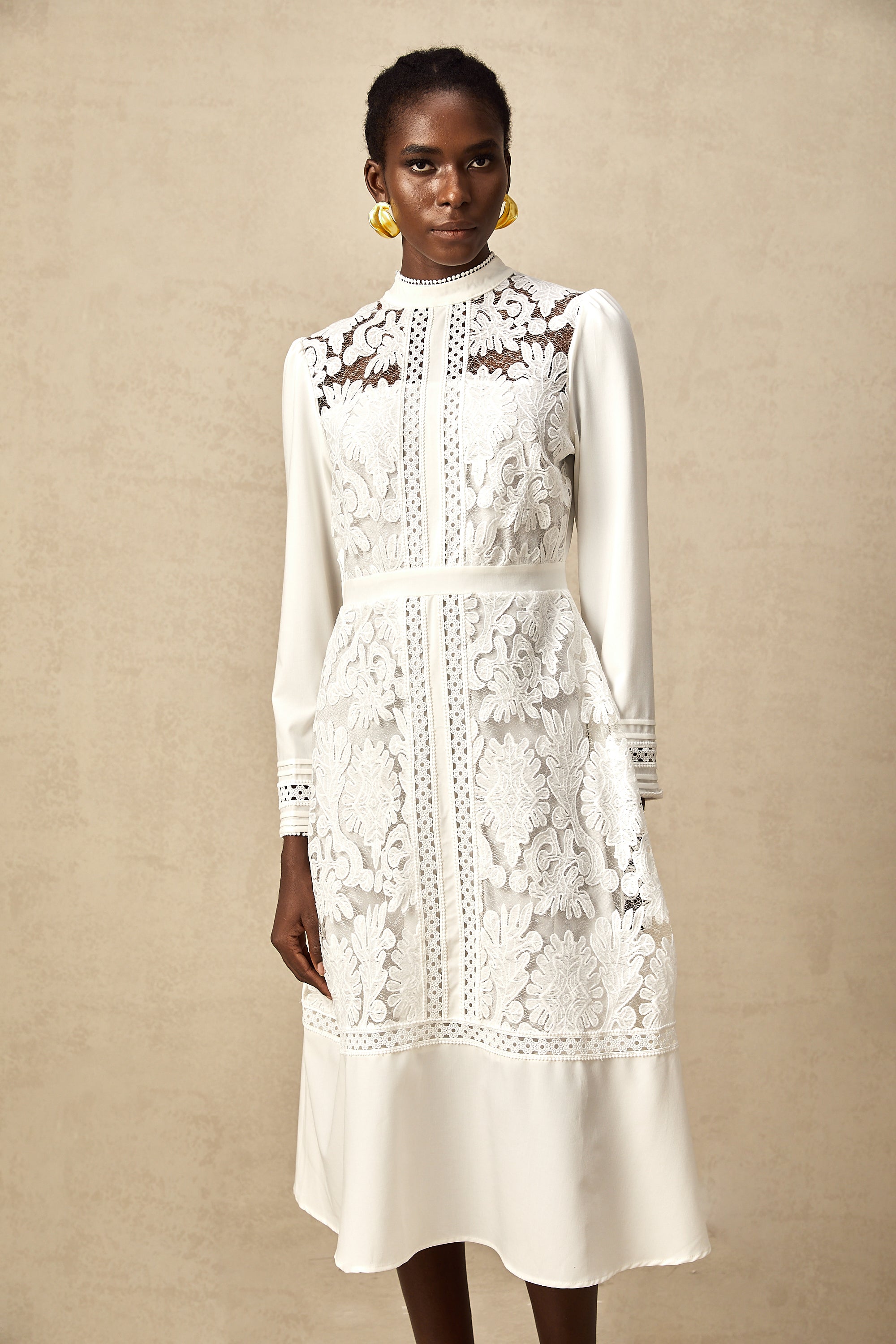 Madeleine white panelled embroidery midi dress