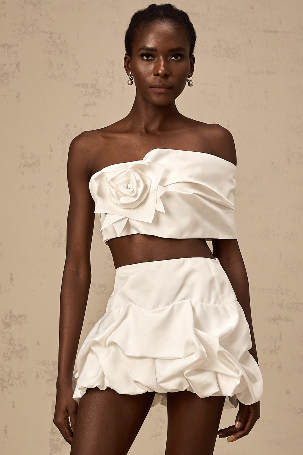 Honorine white floral pleated top & skirt matching set