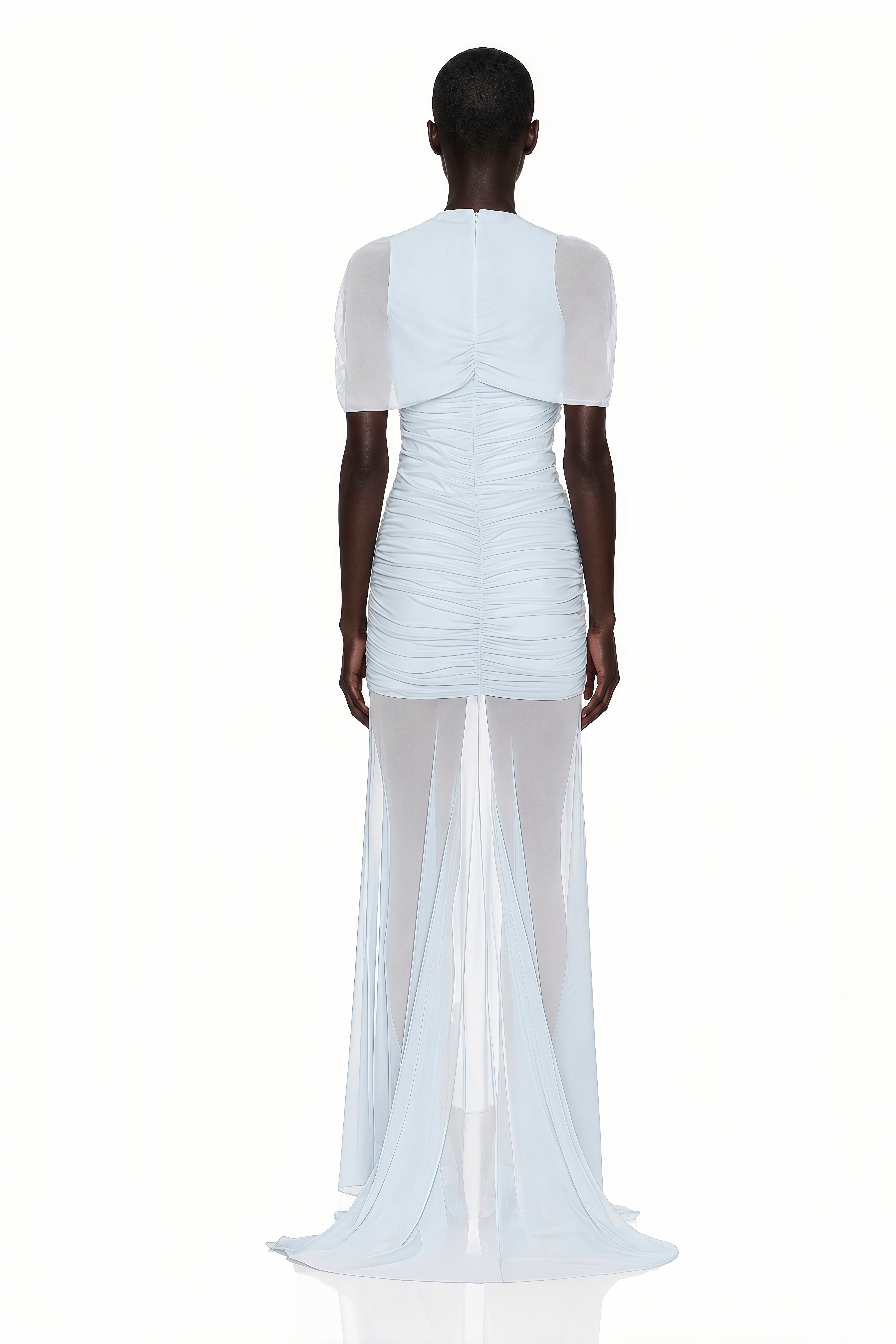 Sylphe Blue Asymmetrical Ruched Mesh Maxi Dress