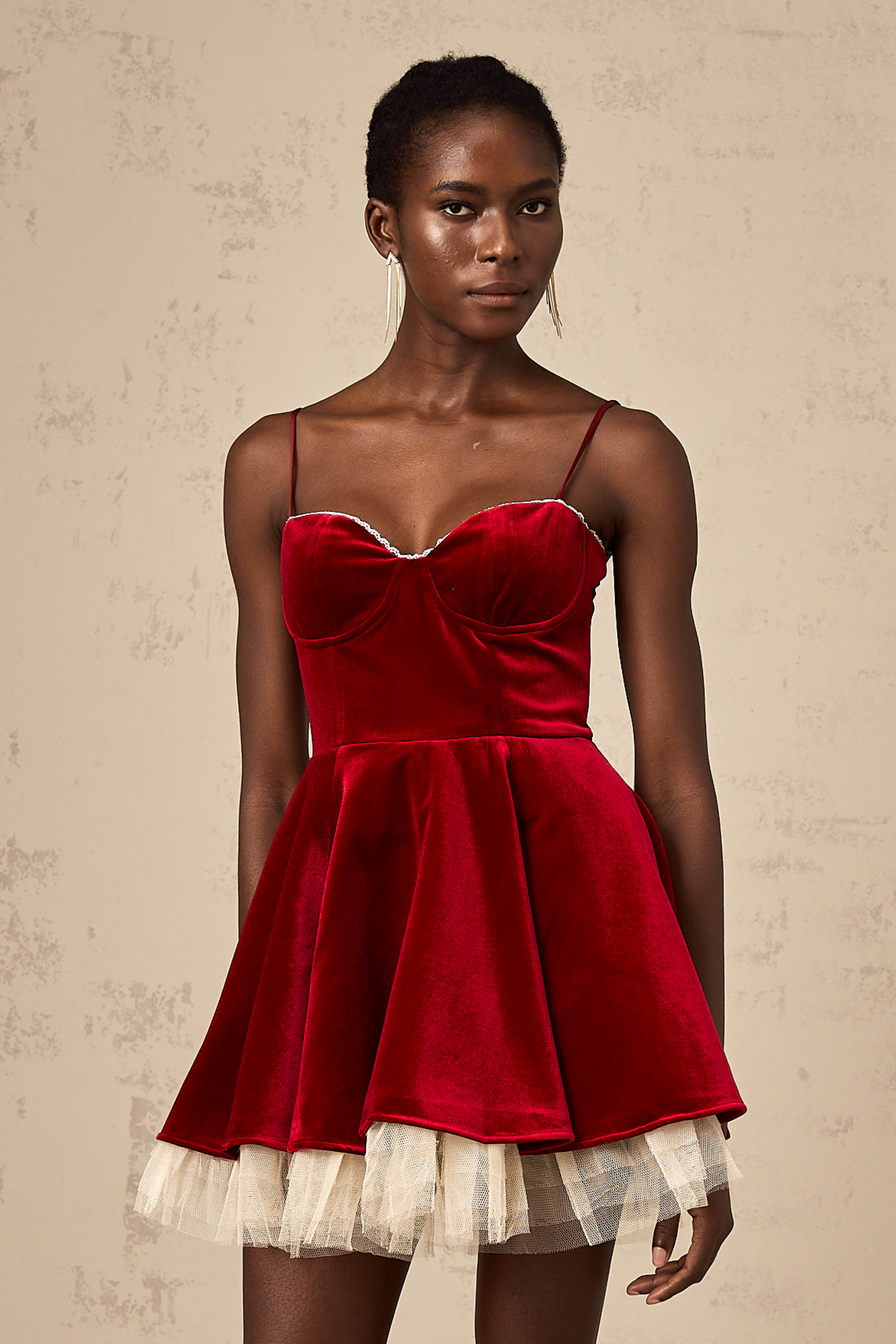 Saira velvet tulle flared mini dress in Red