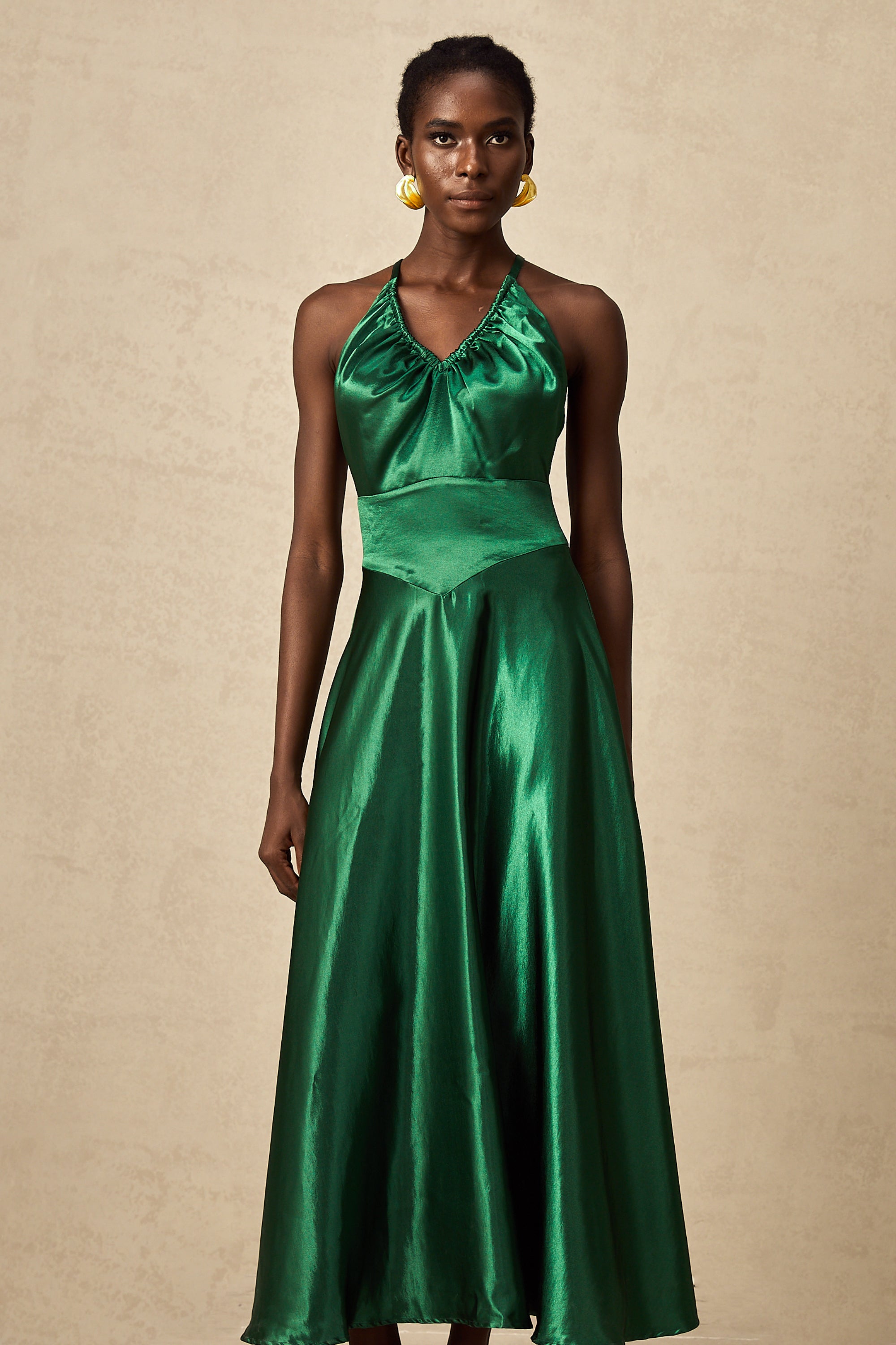 Geneviève emerald satin open-back midi dress