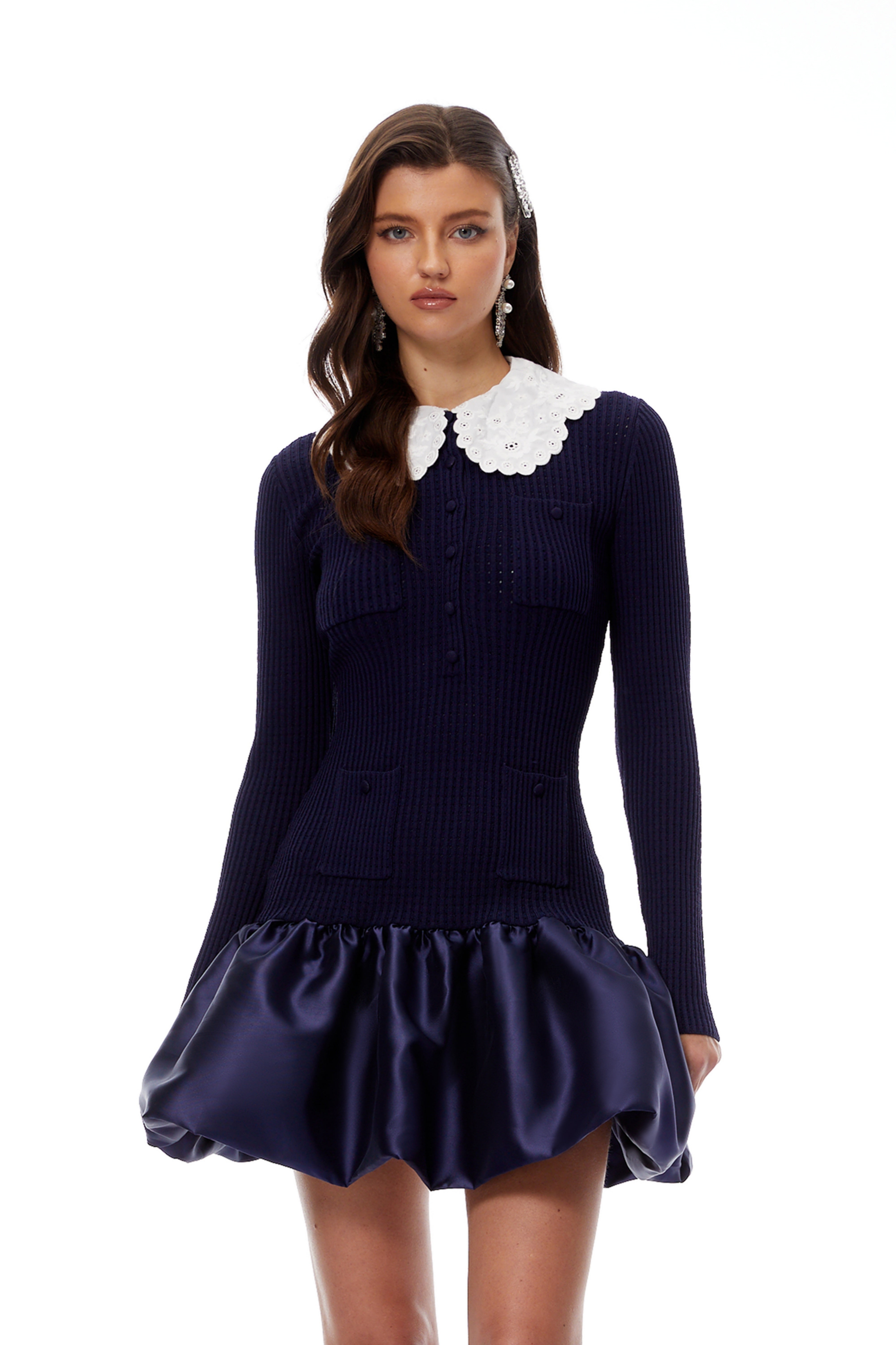 Aroa Navy Blue Satin Panel Knit Mini Dress