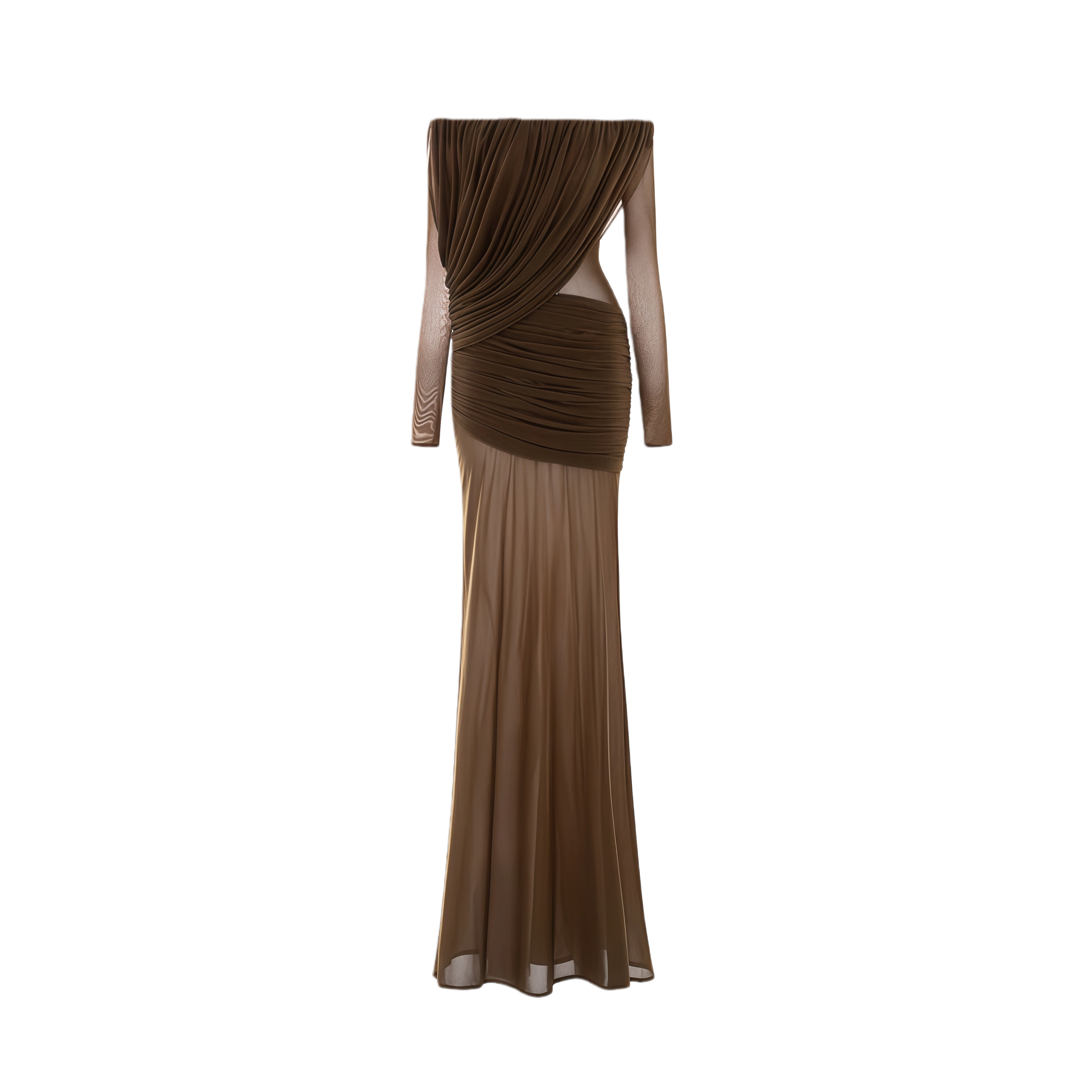 Zenobia Brown Asymmetrical Draped Mesh Maxi Dress