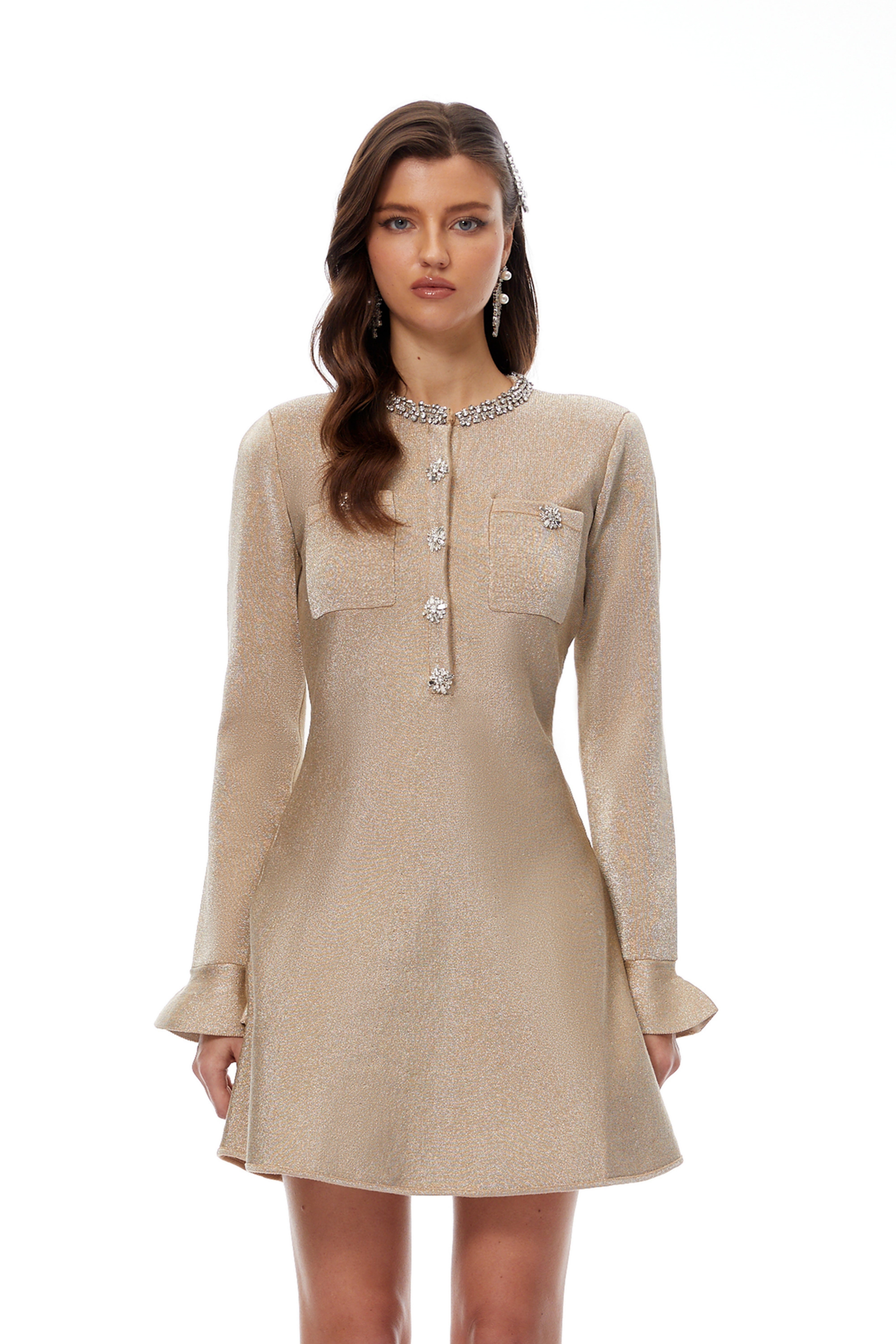 Cayetana Khaki Crystal Embellished Knit Mini Dress