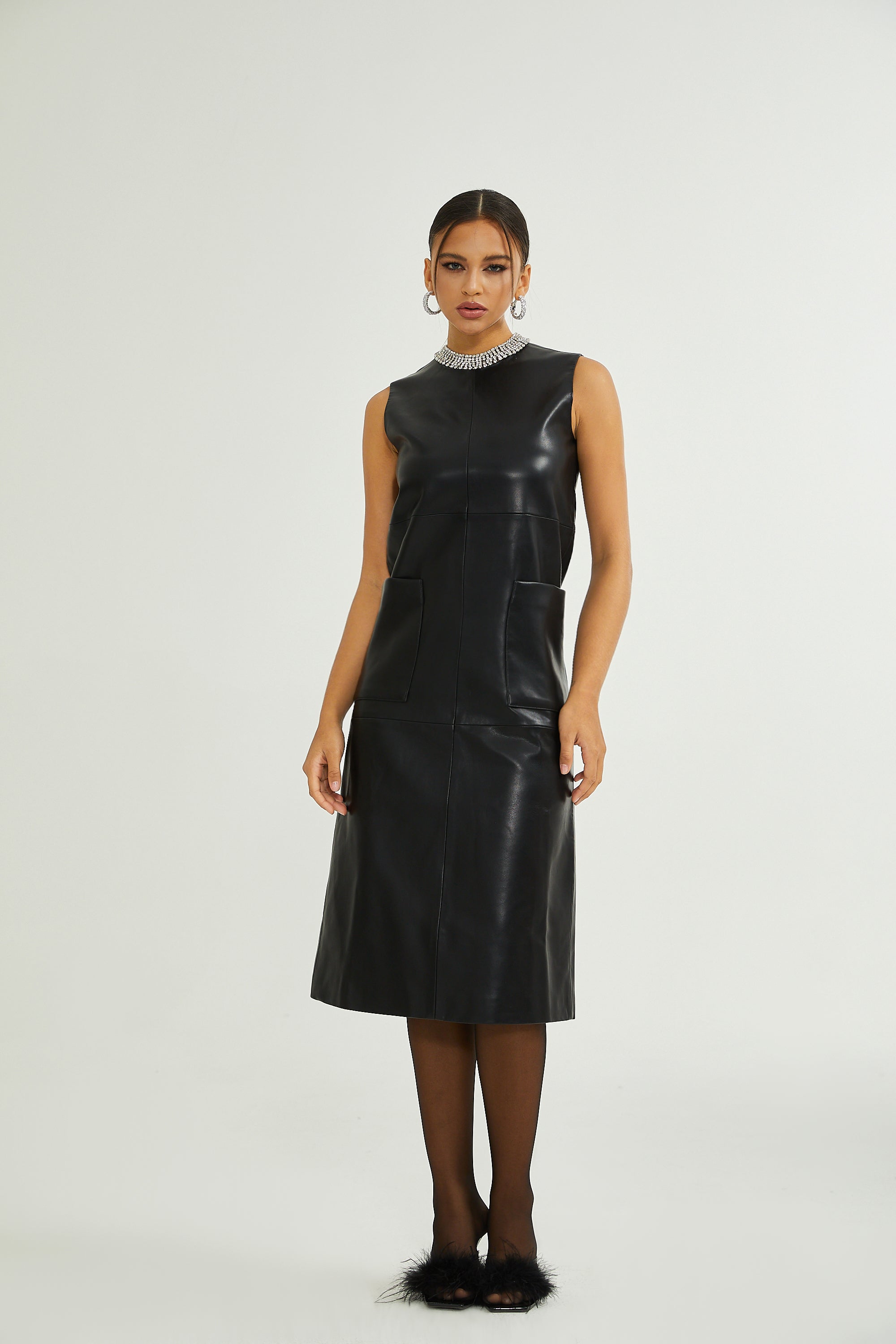 Margot black leather midi dress