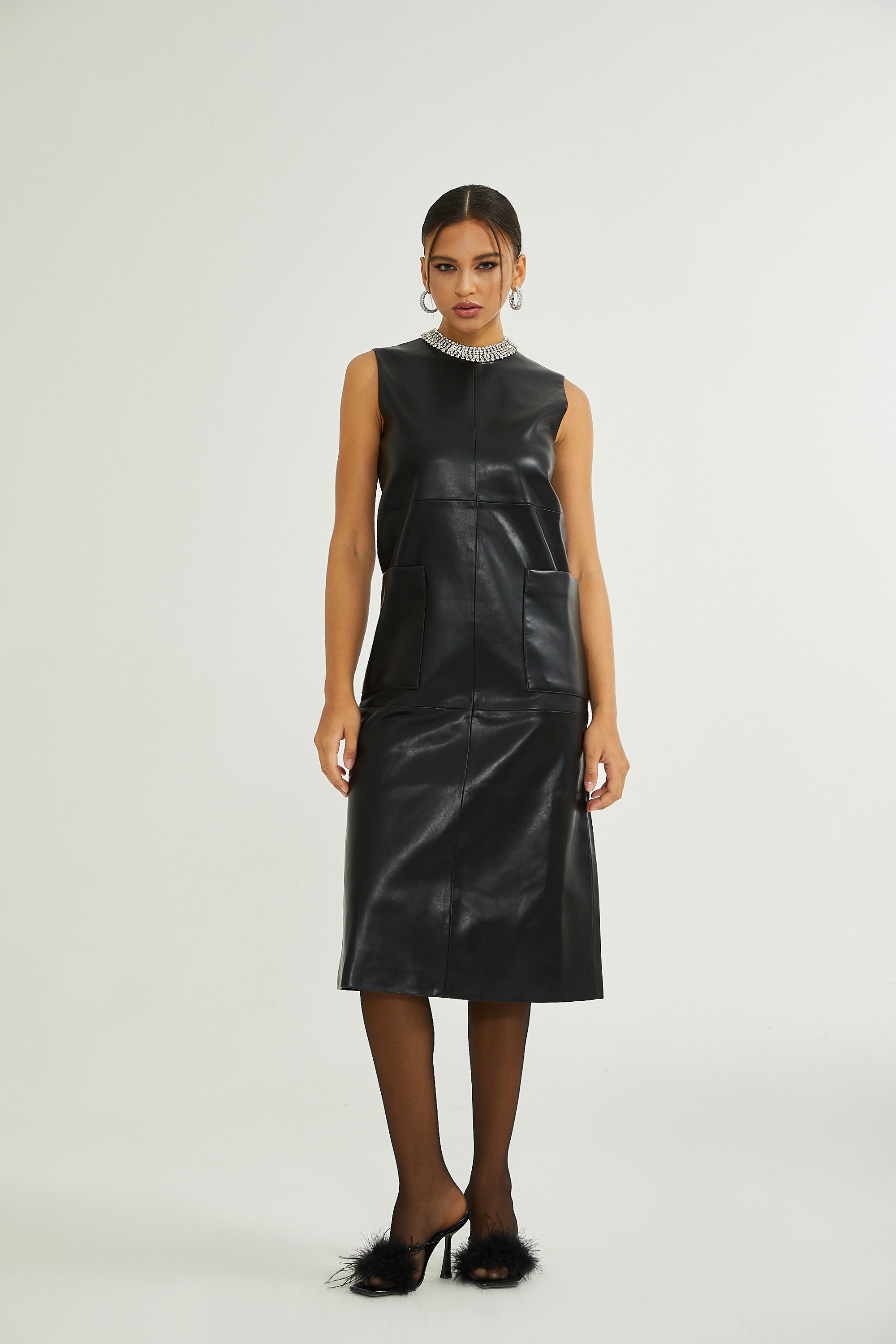 Margot black leather midi dress