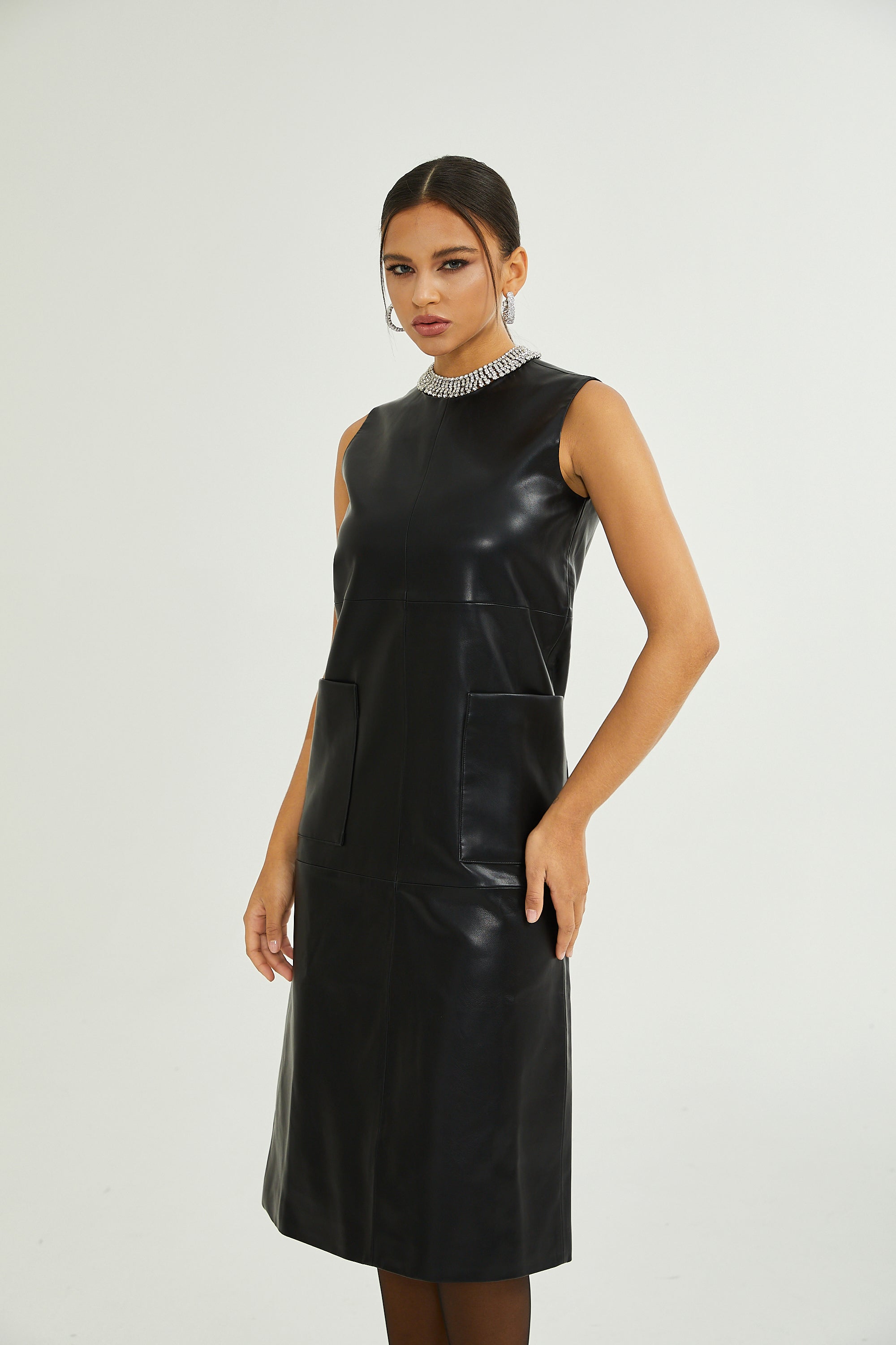 Margot black leather midi dress