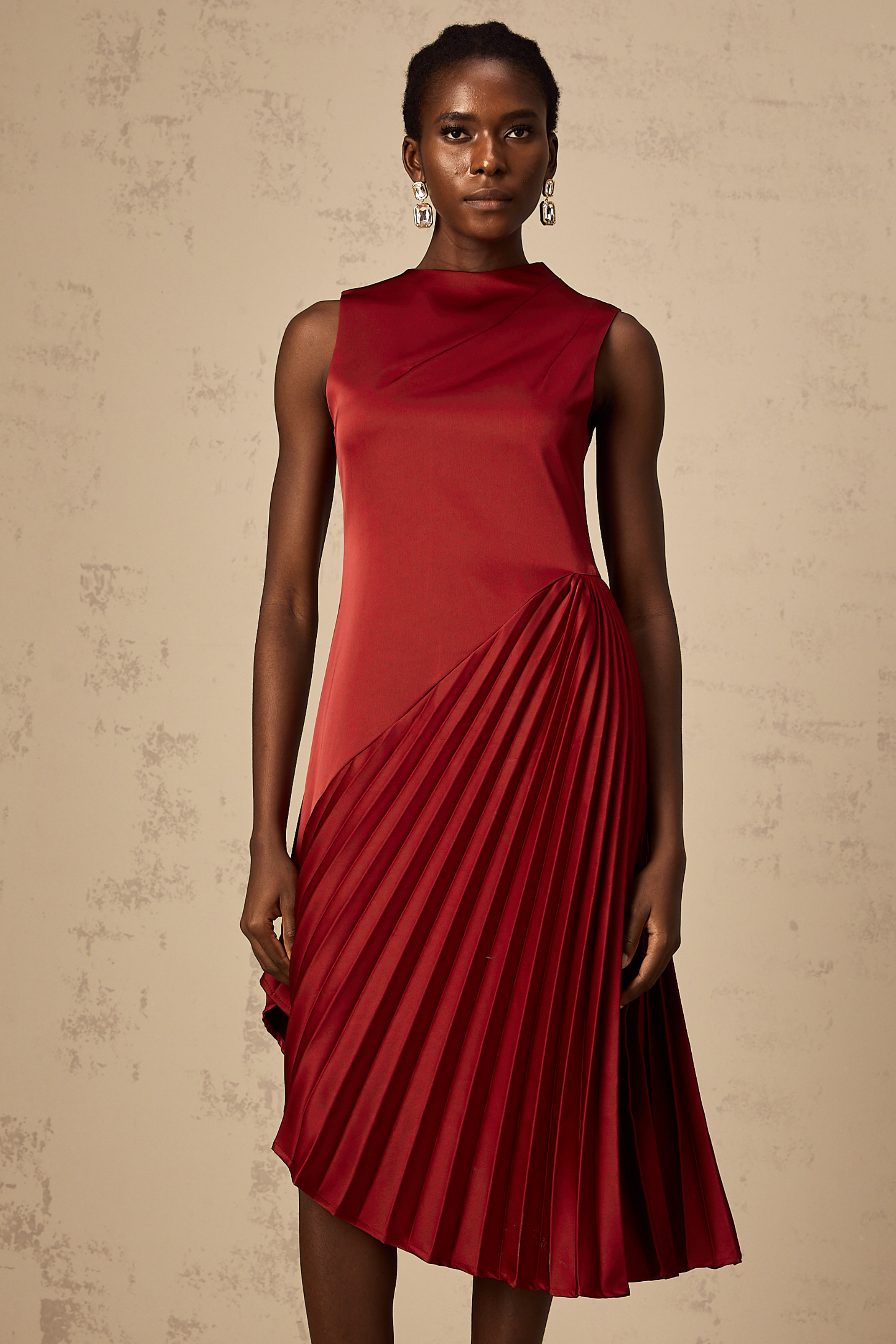 Merle wine red asymmetric pleated midi dress