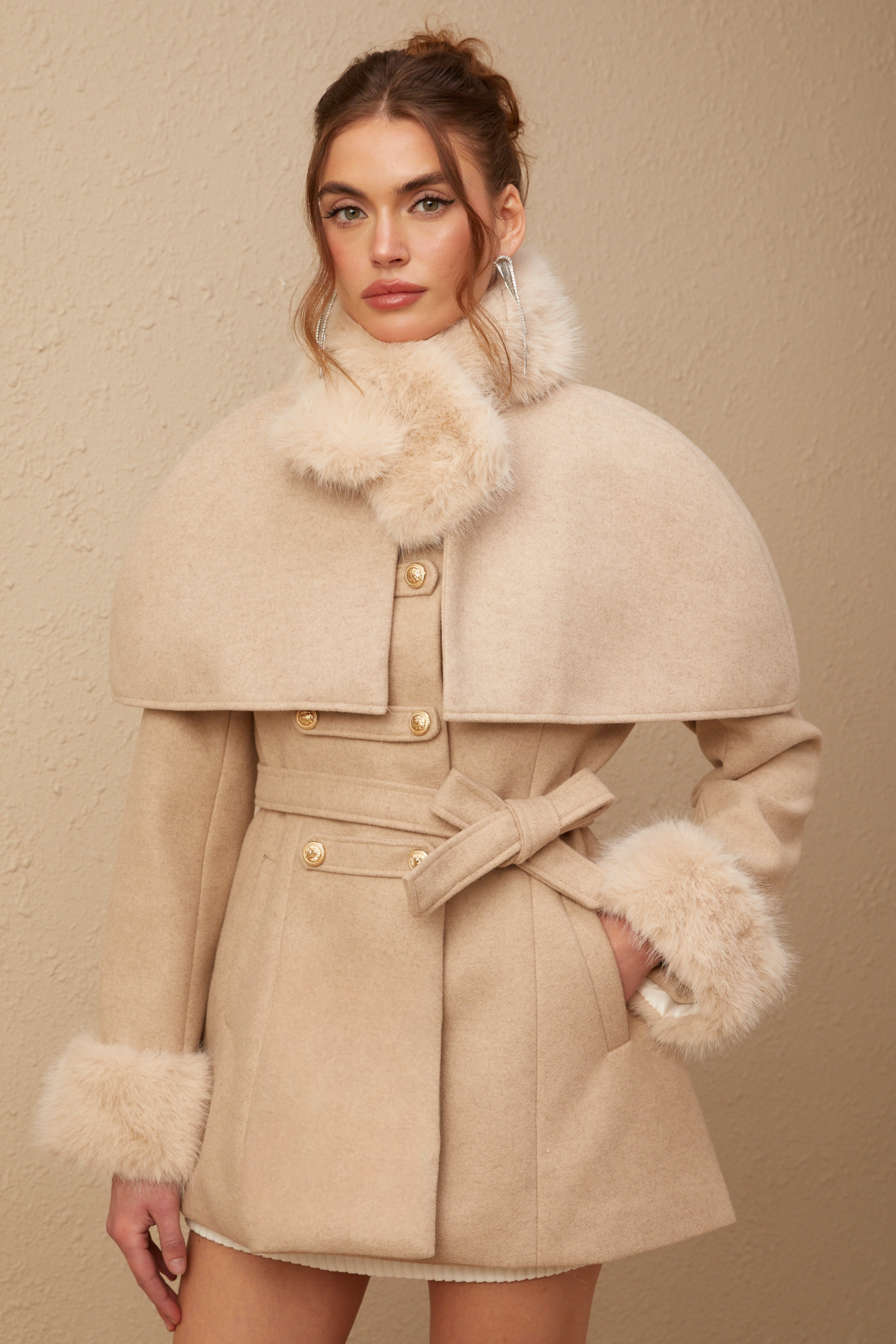 Rosella detachable-cape faux-fur coat