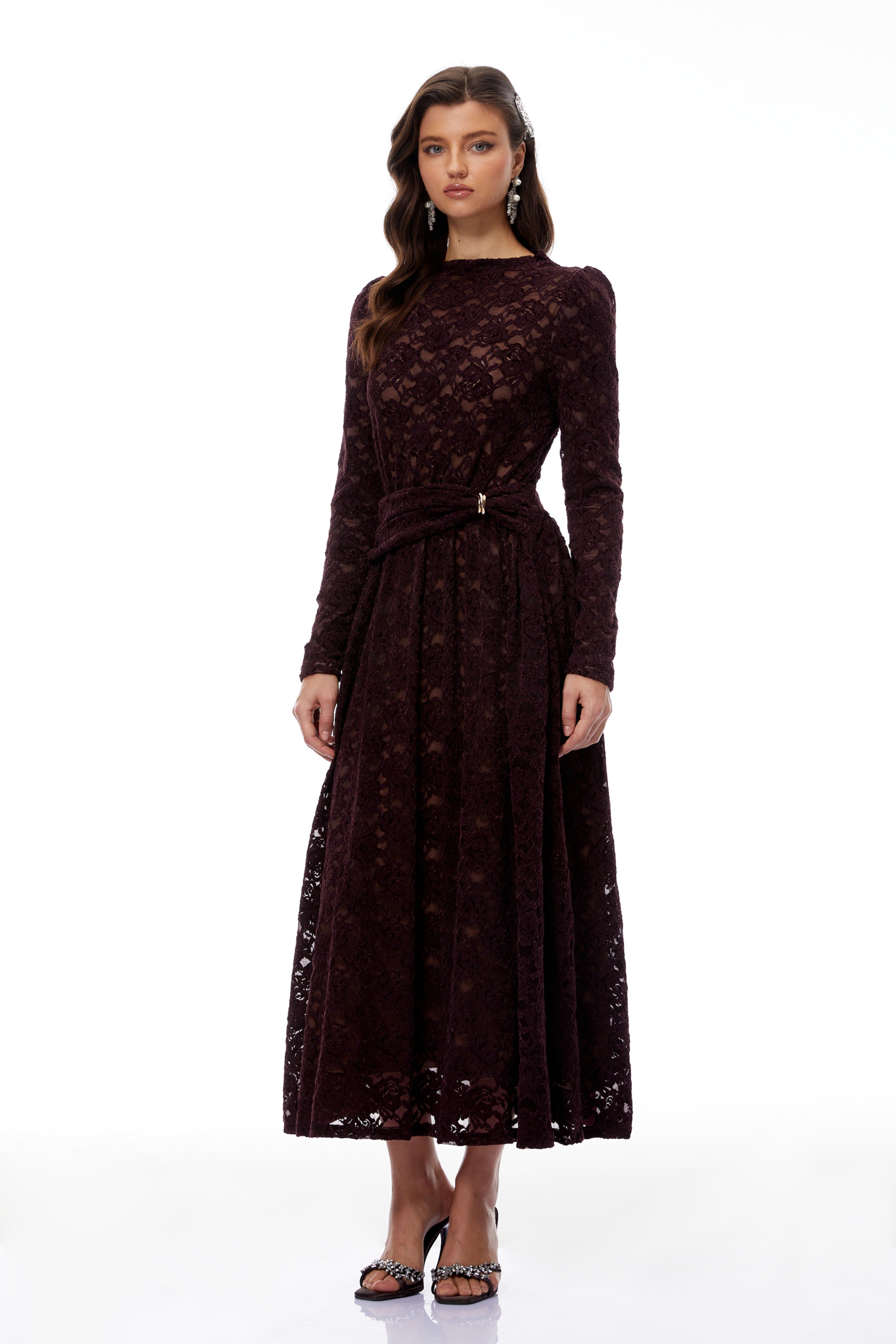 Ricardo Midikleid aus burgunderfarbener Chenille-Spitze