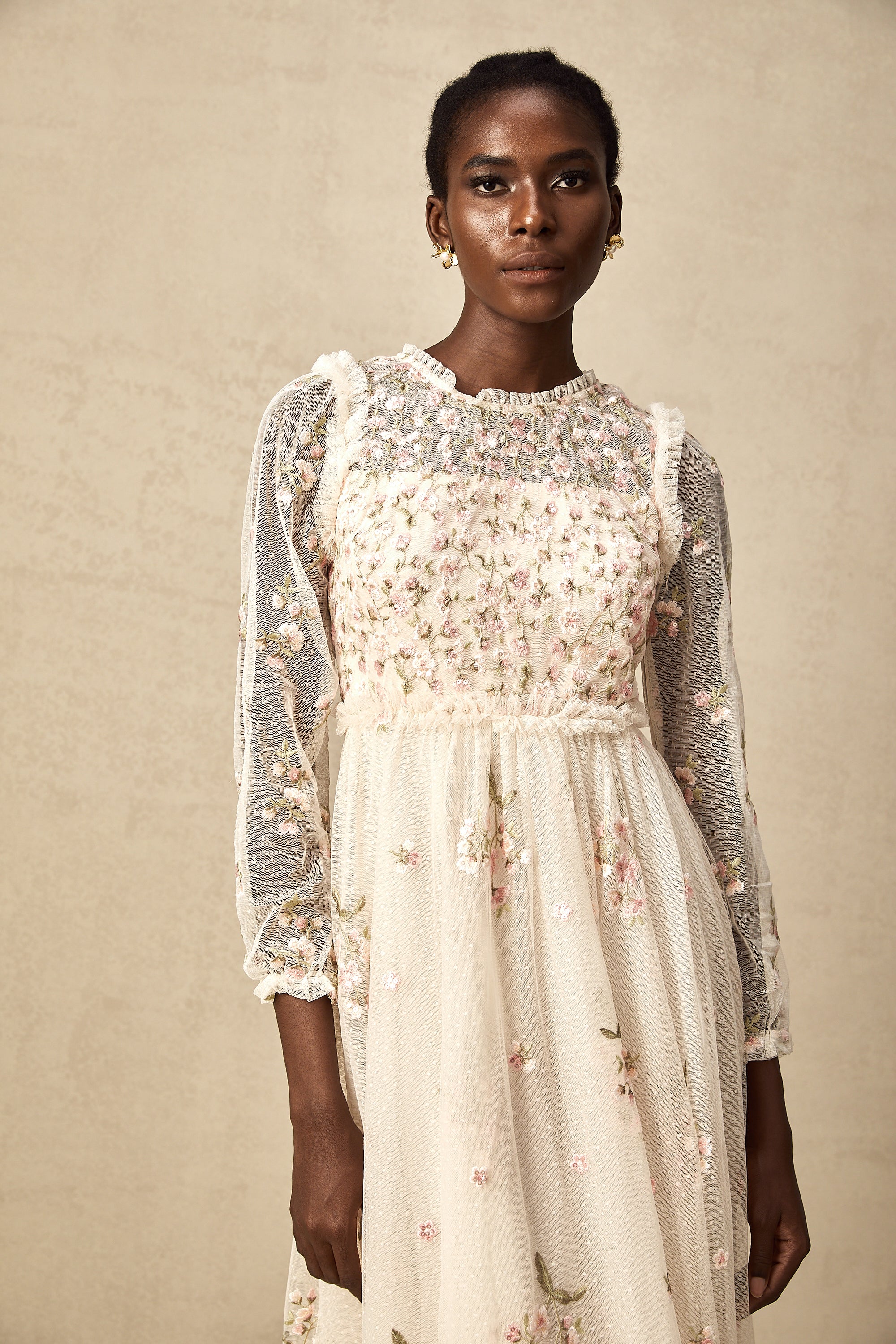 Celine floral-embroidery tulle midi dress