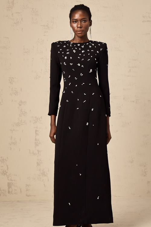 Icon Black Crystal Embellished Asymmetric Feather Trim Maxi Dress