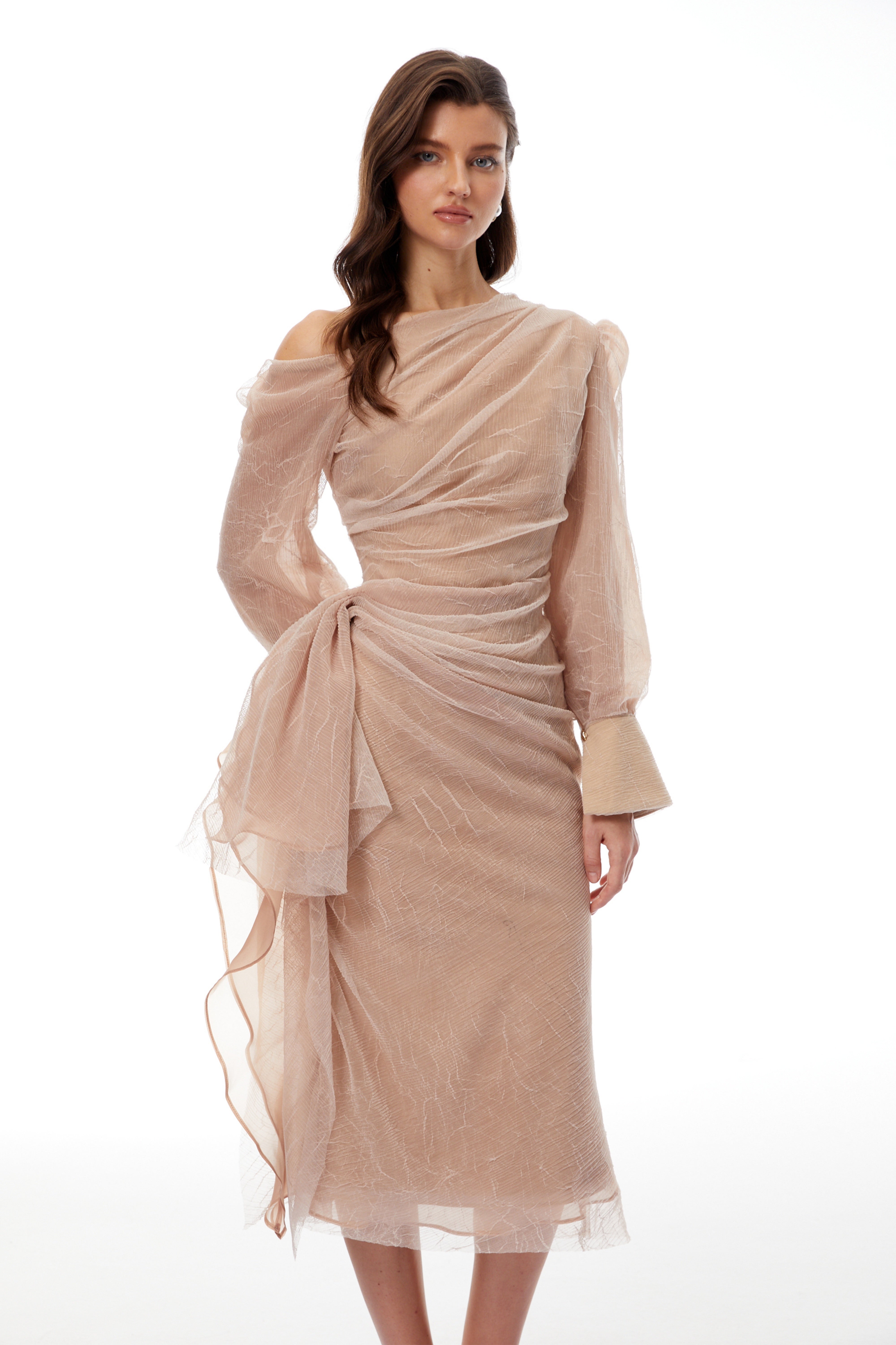 Pietro Khaki Asymmetrisches Midikleid mit Raffungen