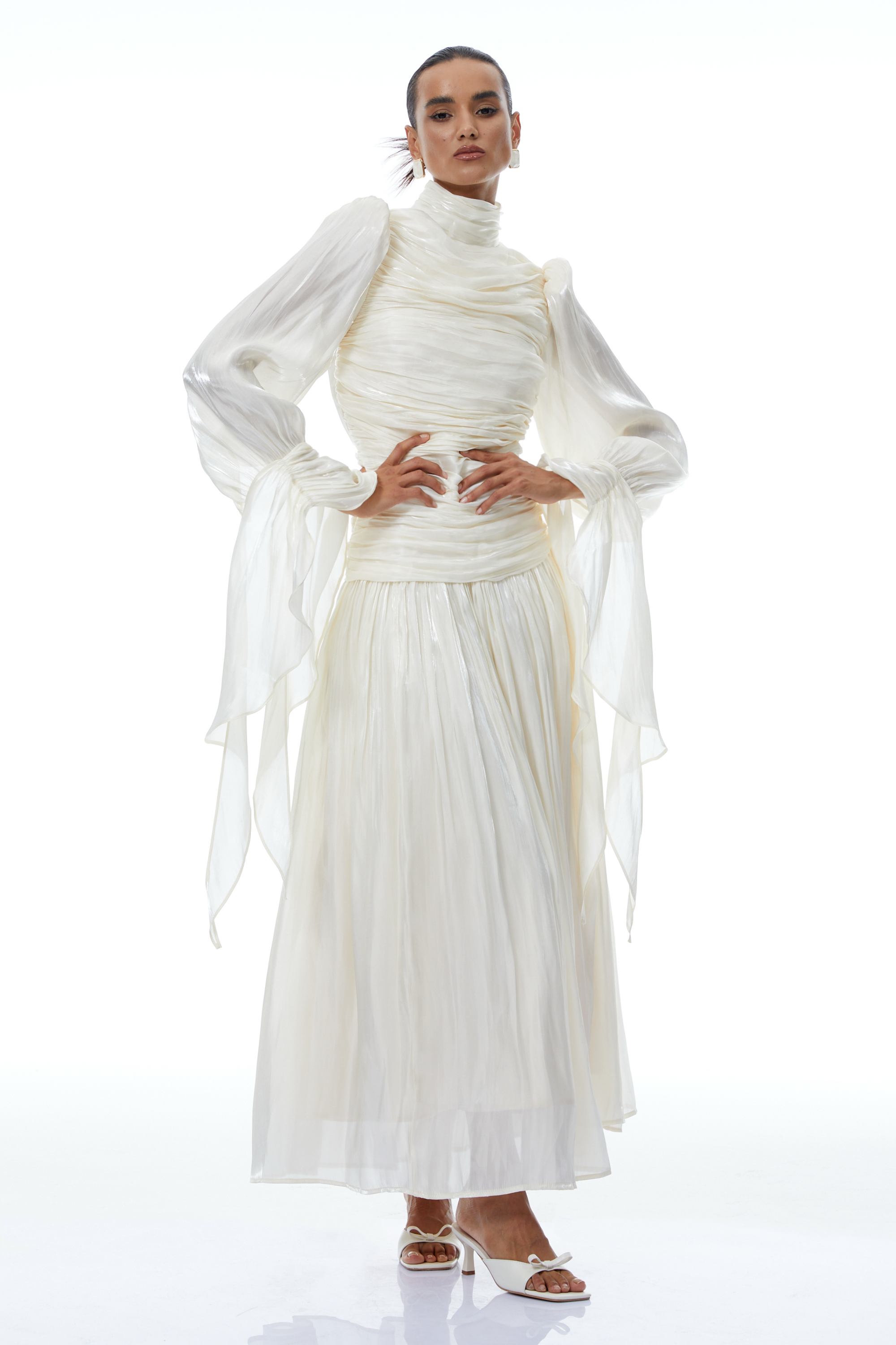 Sarolta Neutral Glossy Ruched Maxi Dress