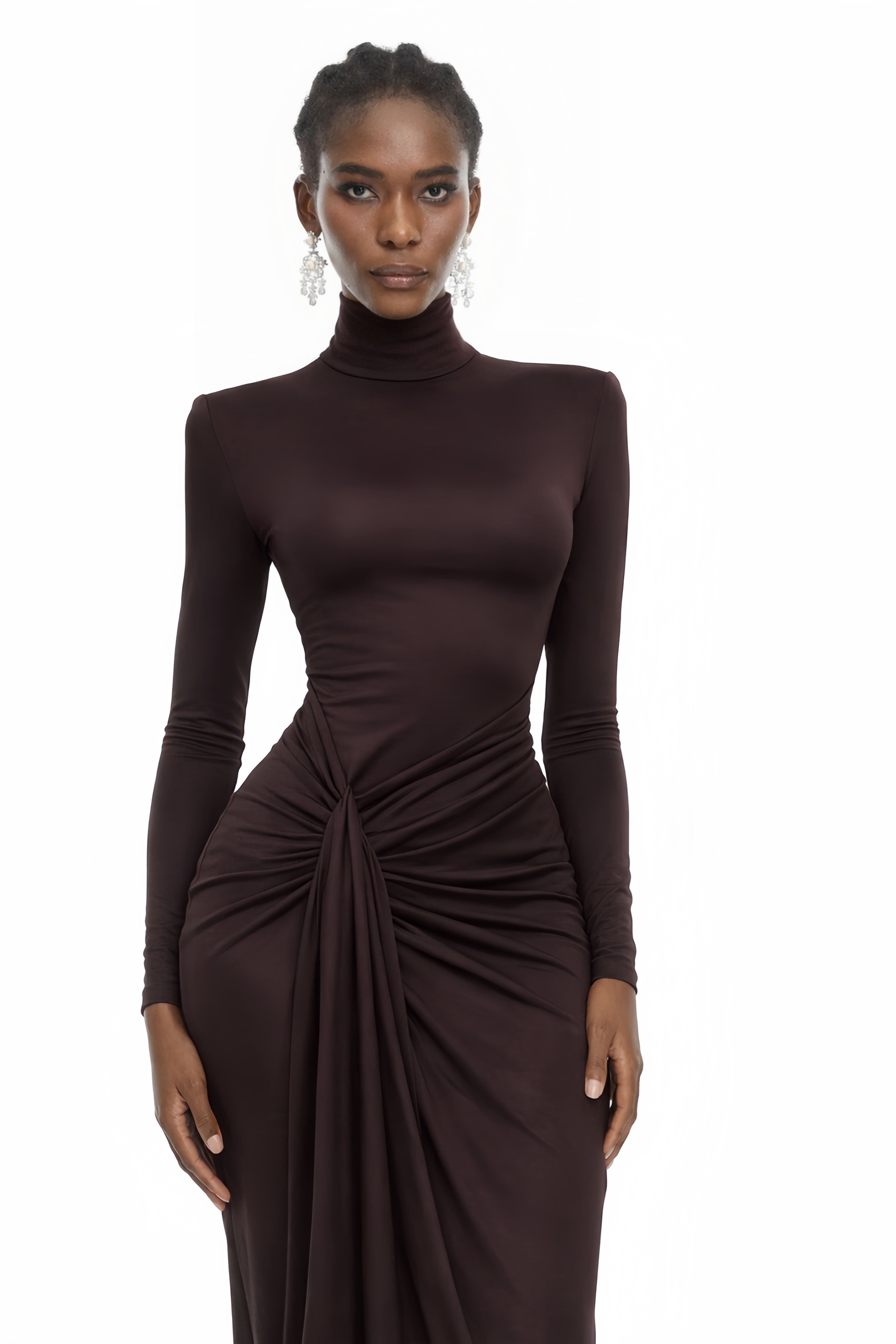 Neve Brown High Neck Twist Knot Maxi Dress