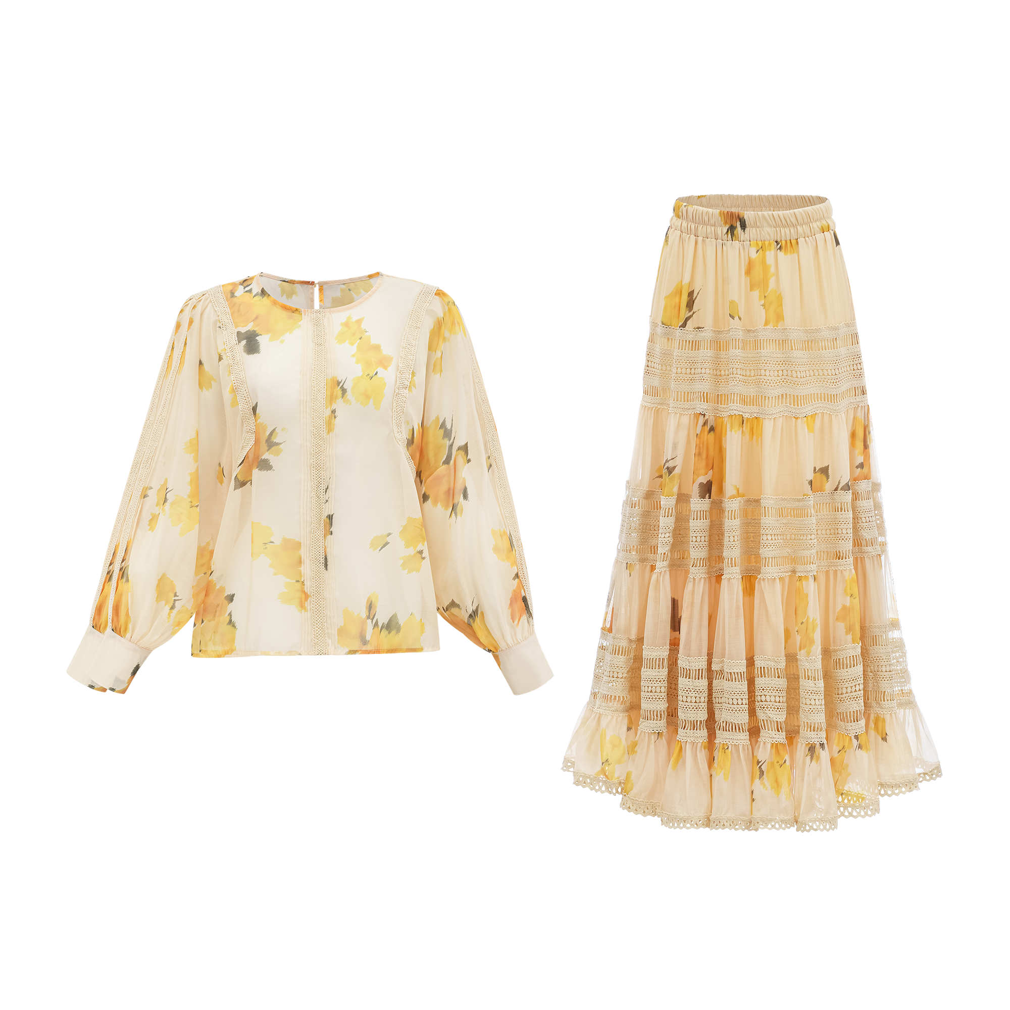 Éva yellow floral-print blouse & skirt matching set