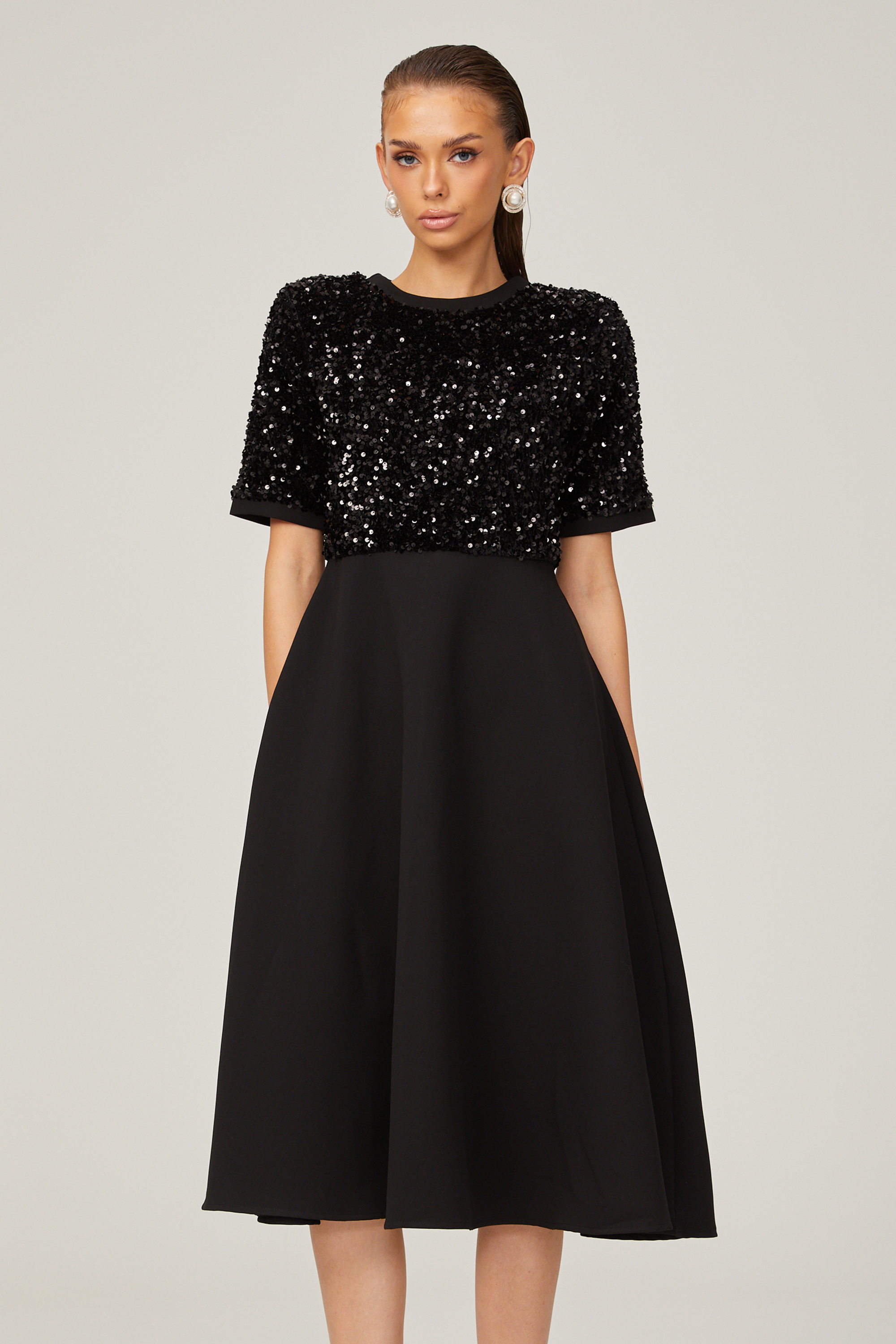 Charlotte black short-sleeve sequined midi dress