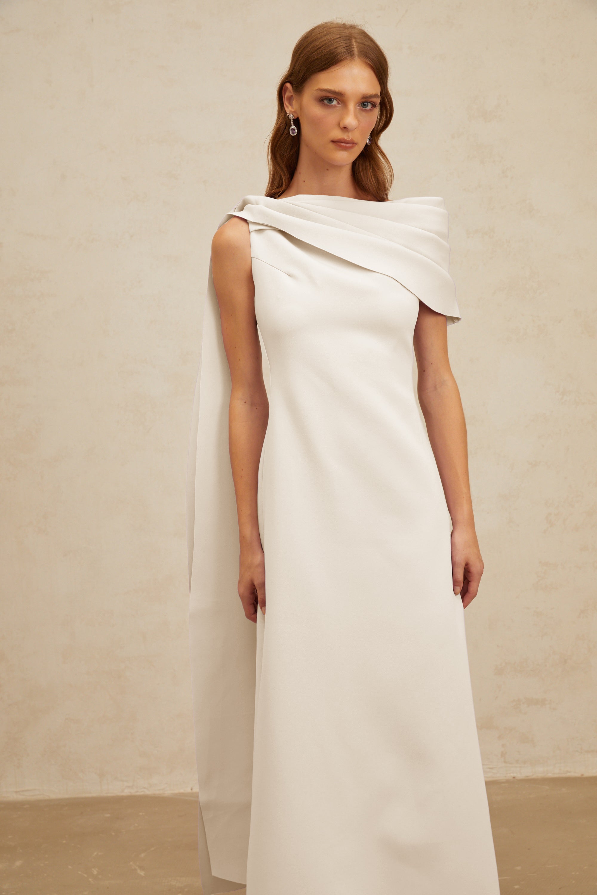 Annabelle White Cape-Design Ribbon Maxi Dress
