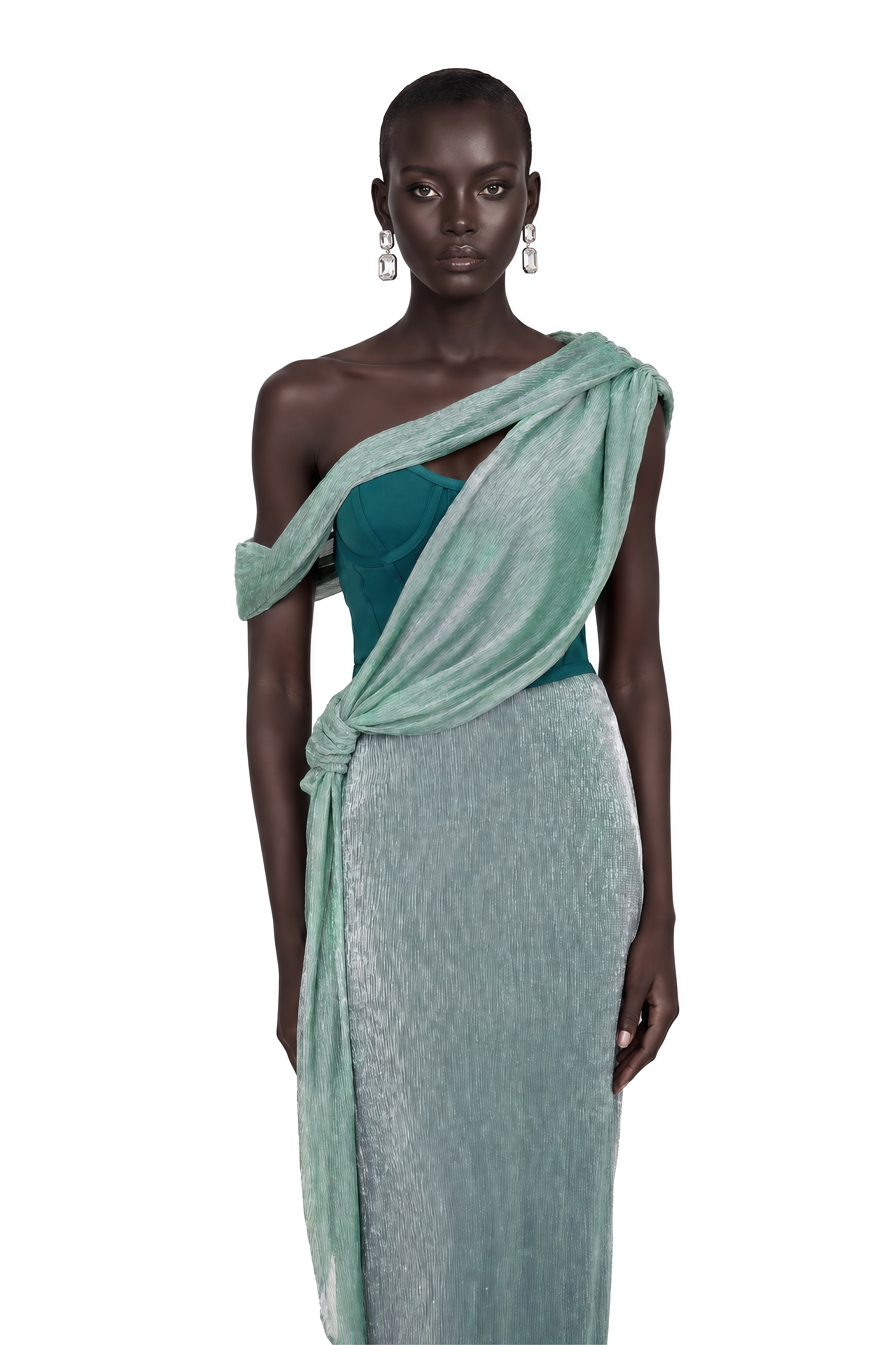 Mint green metallic draped maxi gown with a teal corset bodice