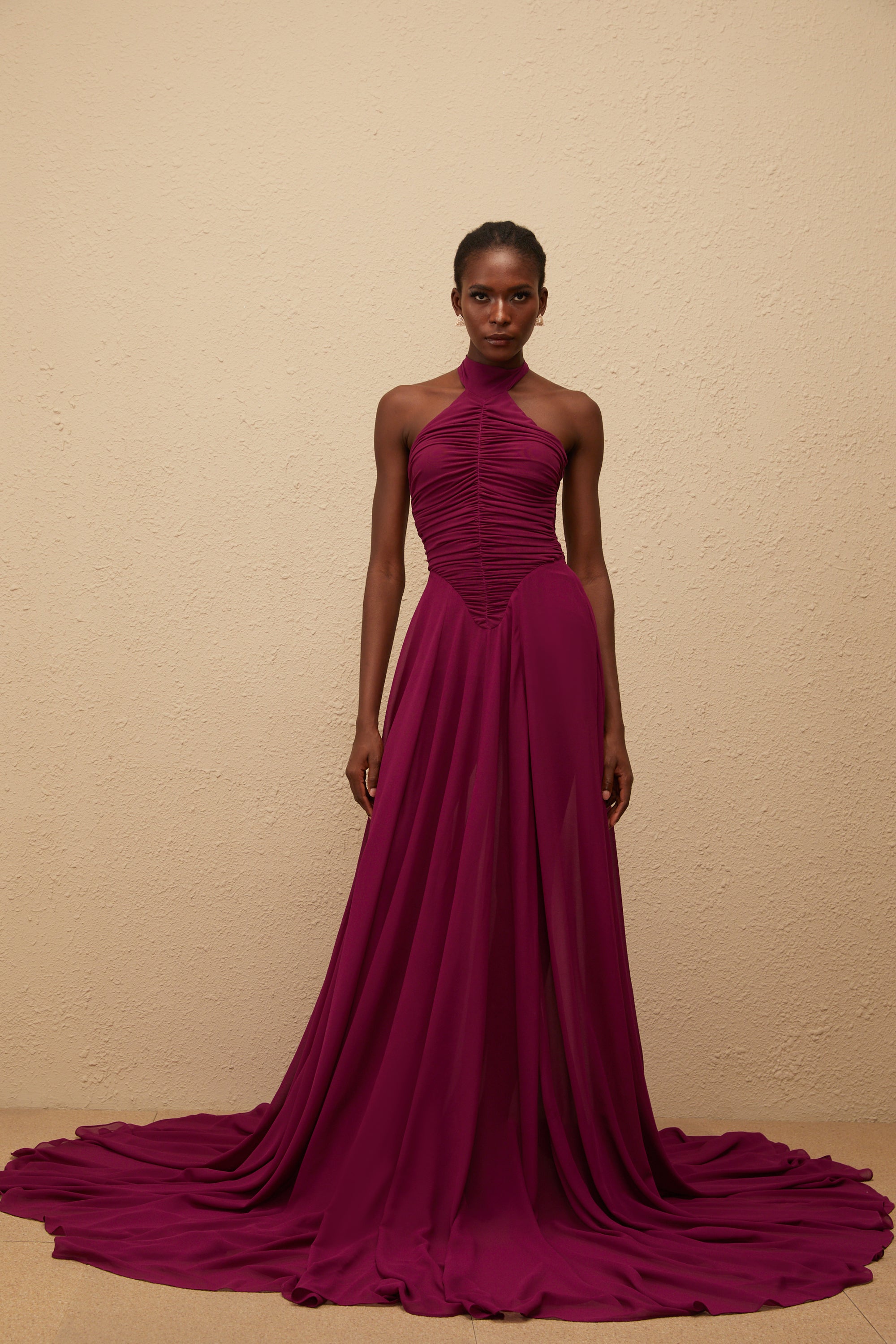 Kerstin Purple Train Design Ruched Maxi Dress