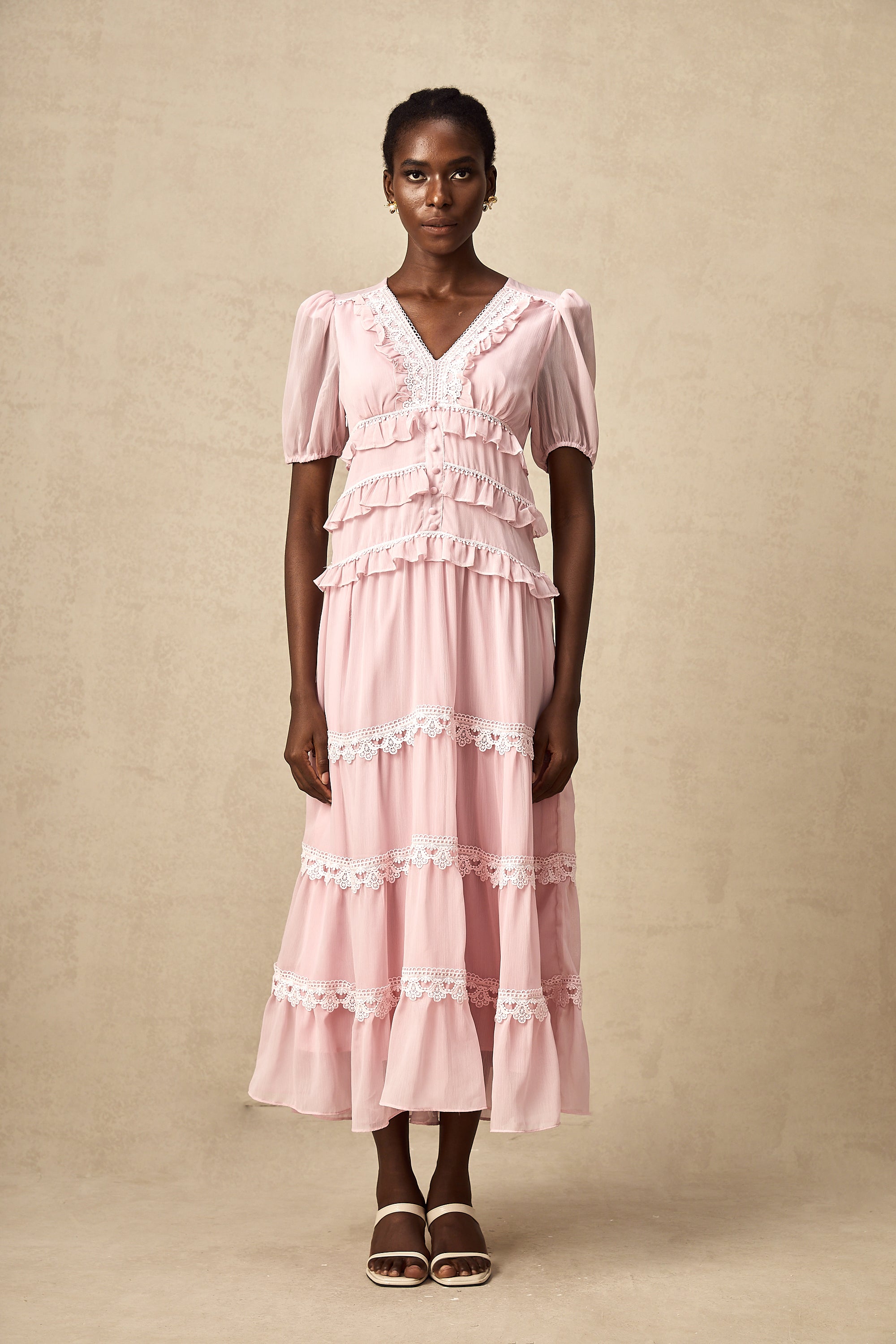 Amelie pink ruffled tiered midi dress