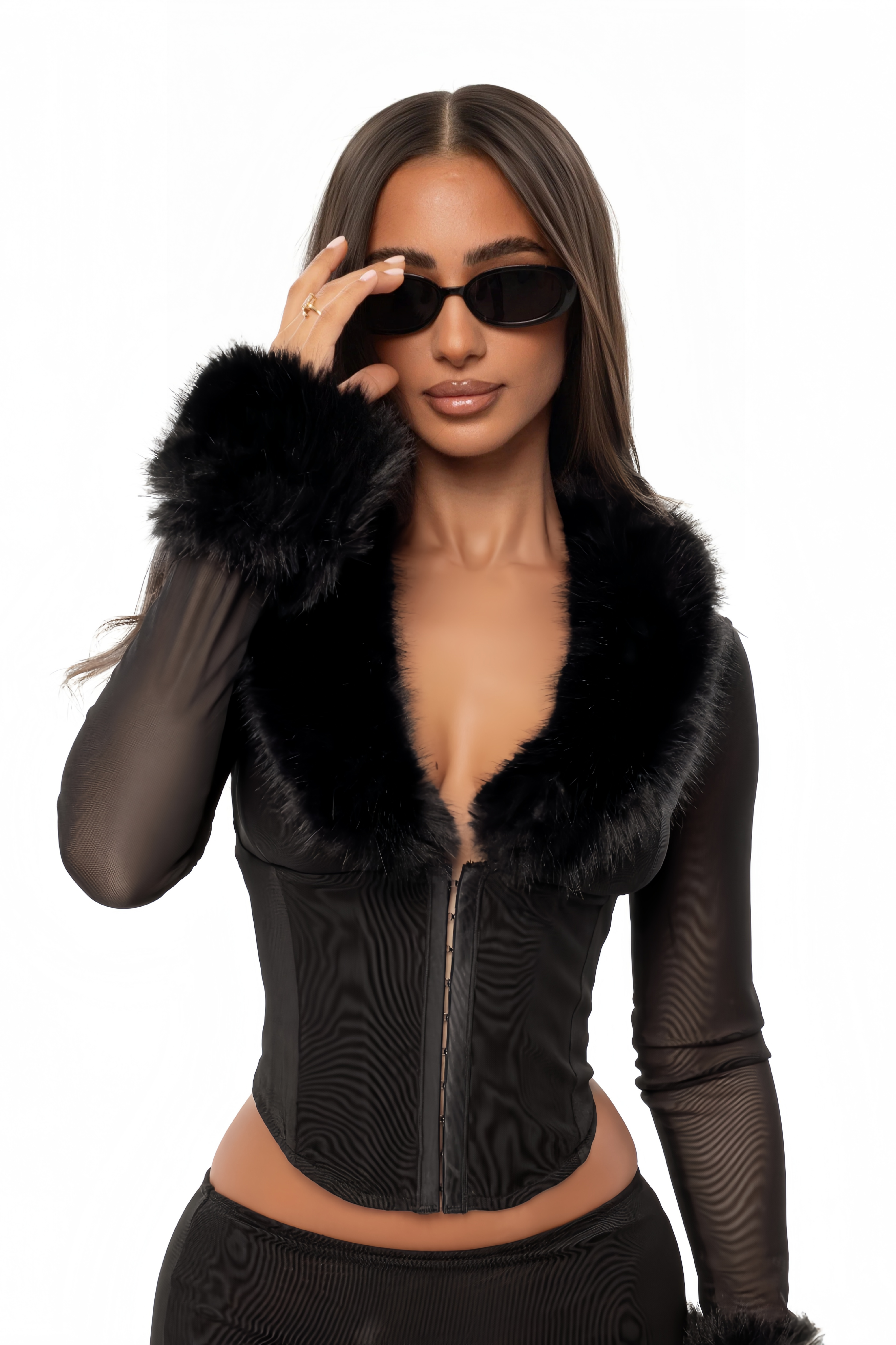 Amelie Black Faux-Fur Trim Top & Skirt Set