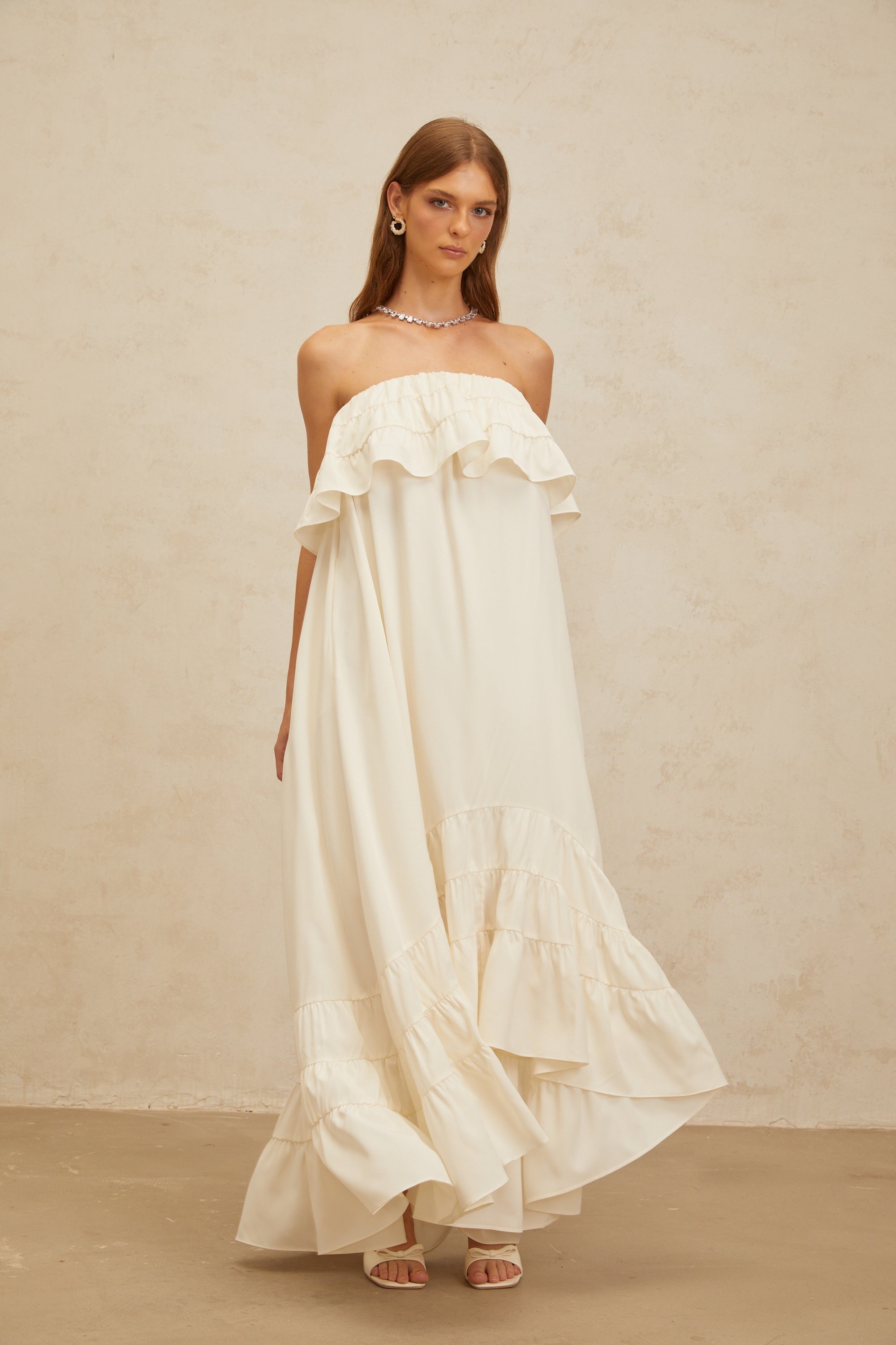 Bénédicte White Vibrant Off Shoulder Shirred Maxi Dress (Final Sale)