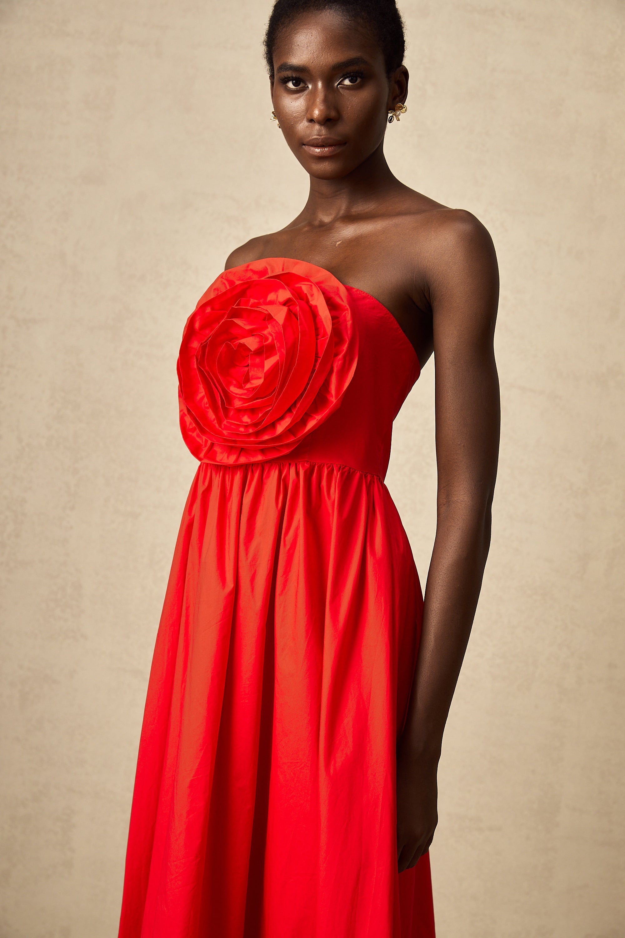 Assia red 3d-petal ruffled maxi dress