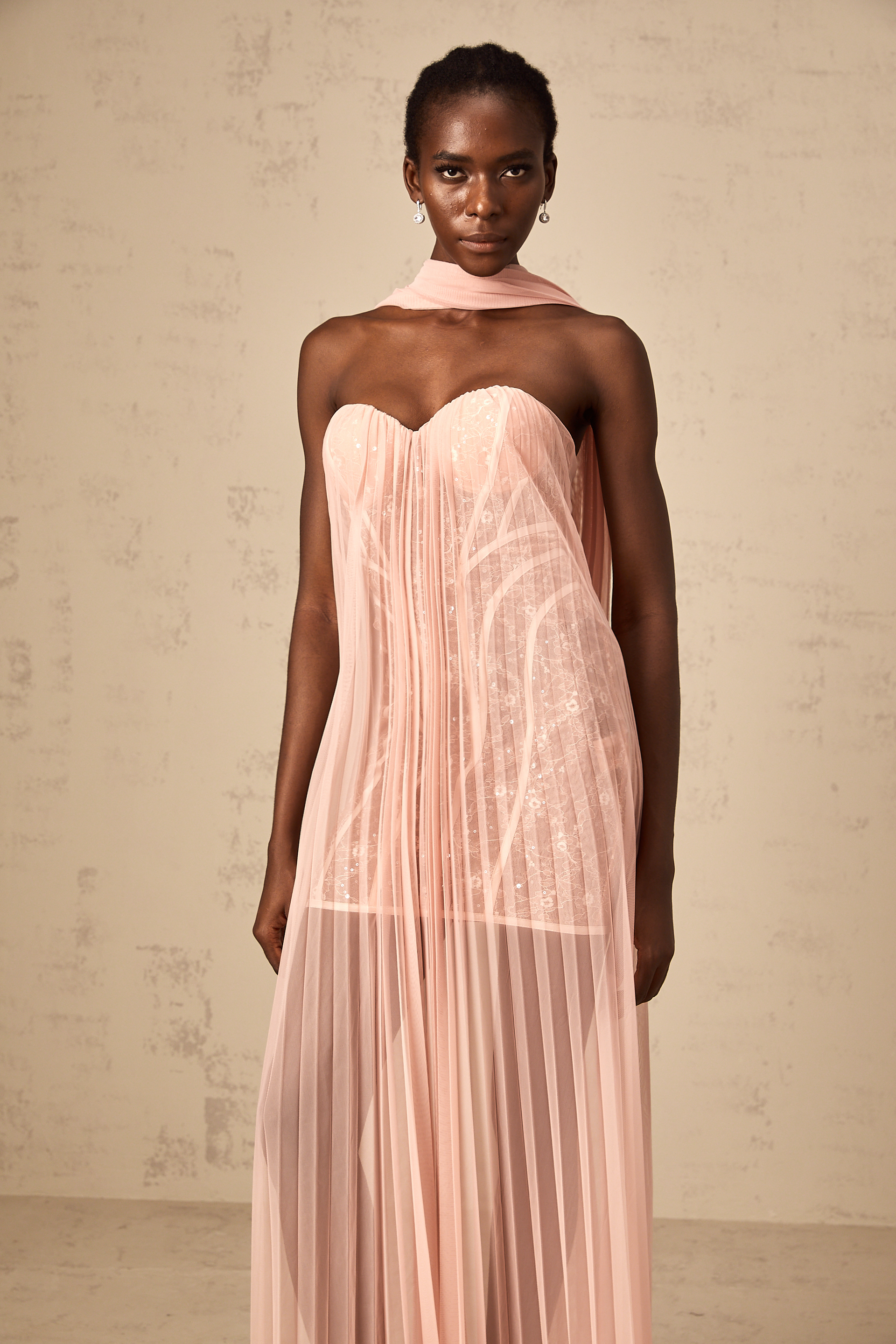 Monique ribbon-design pleated tulle maxi dress in Pink Monique ribbon-design pleated tulle maxi dress in Pink