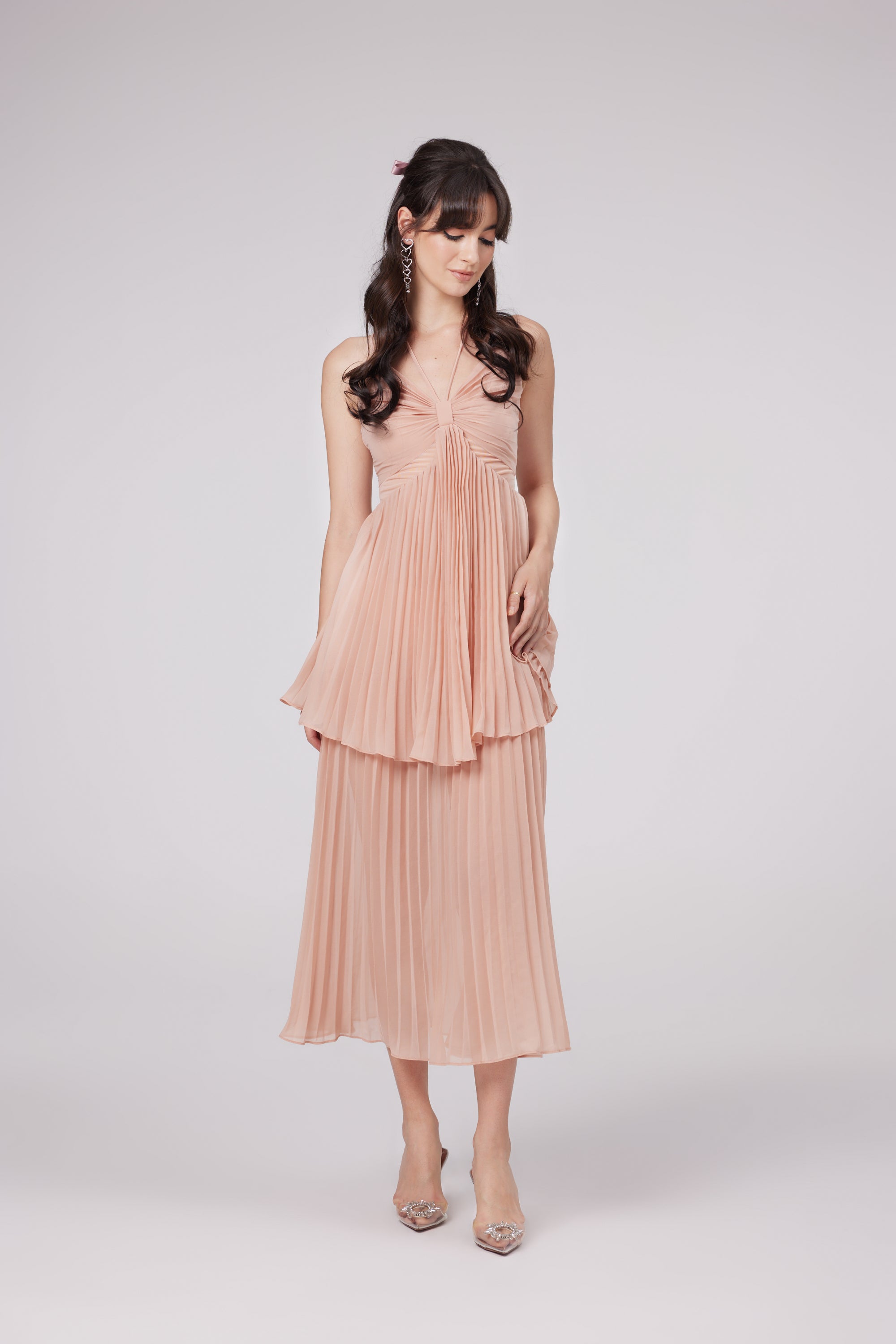 Olympe pink pleated tiered midi dress